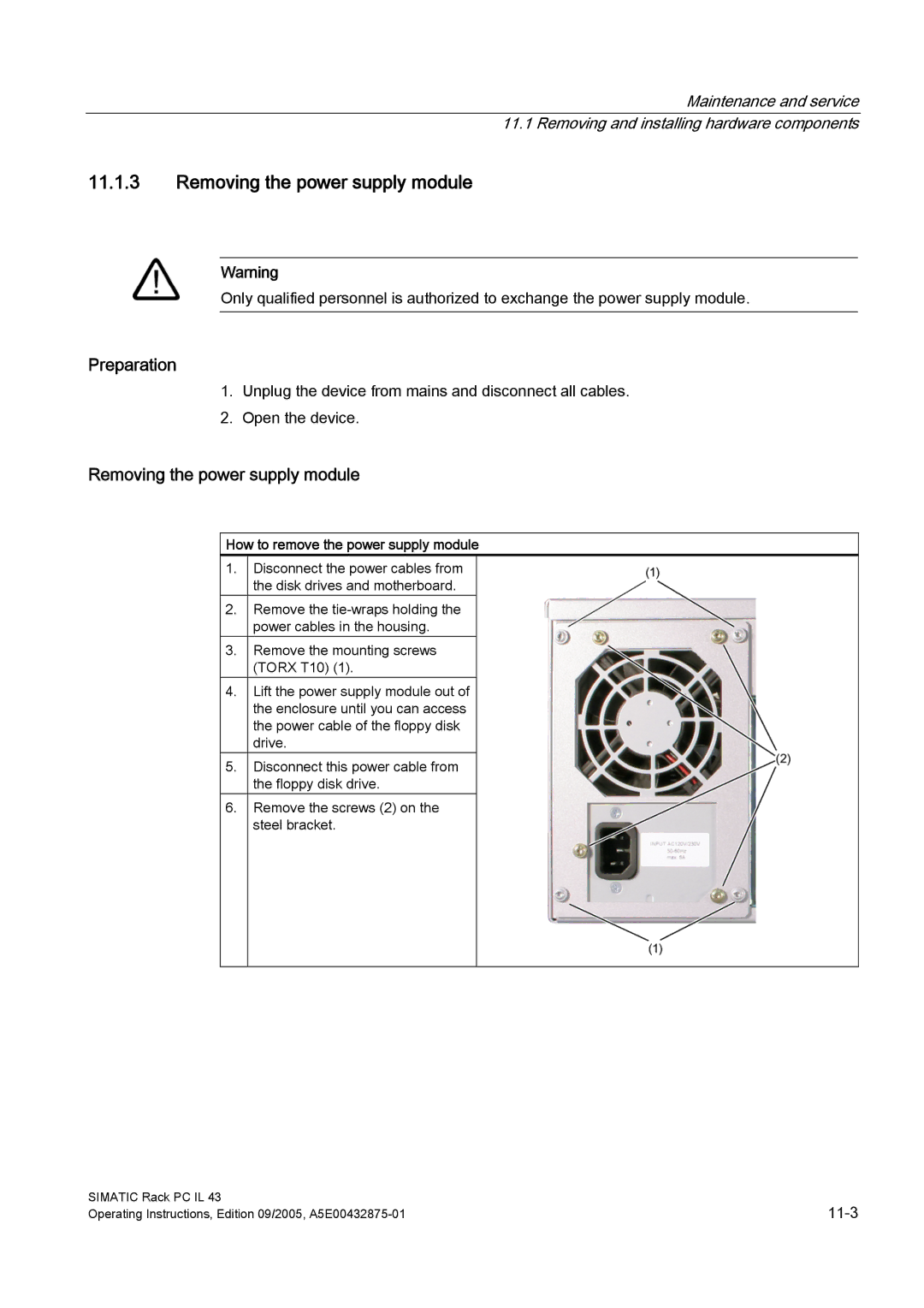 Siemens PCIL43 manual Removing the power supply module, How to remove the power supply module 