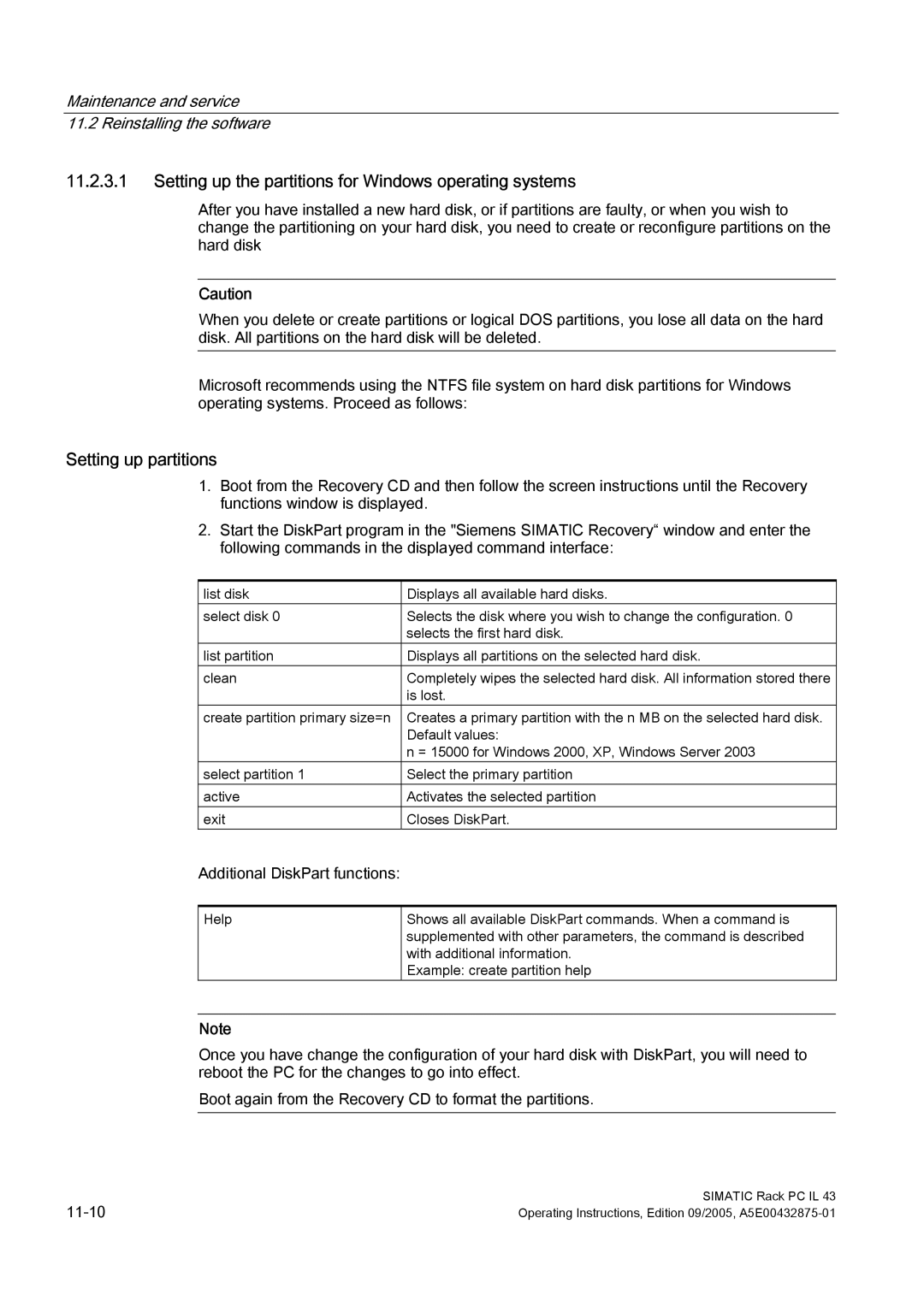 Siemens PCIL43 manual Setting up the partitions for Windows operating systems, Setting up partitions 