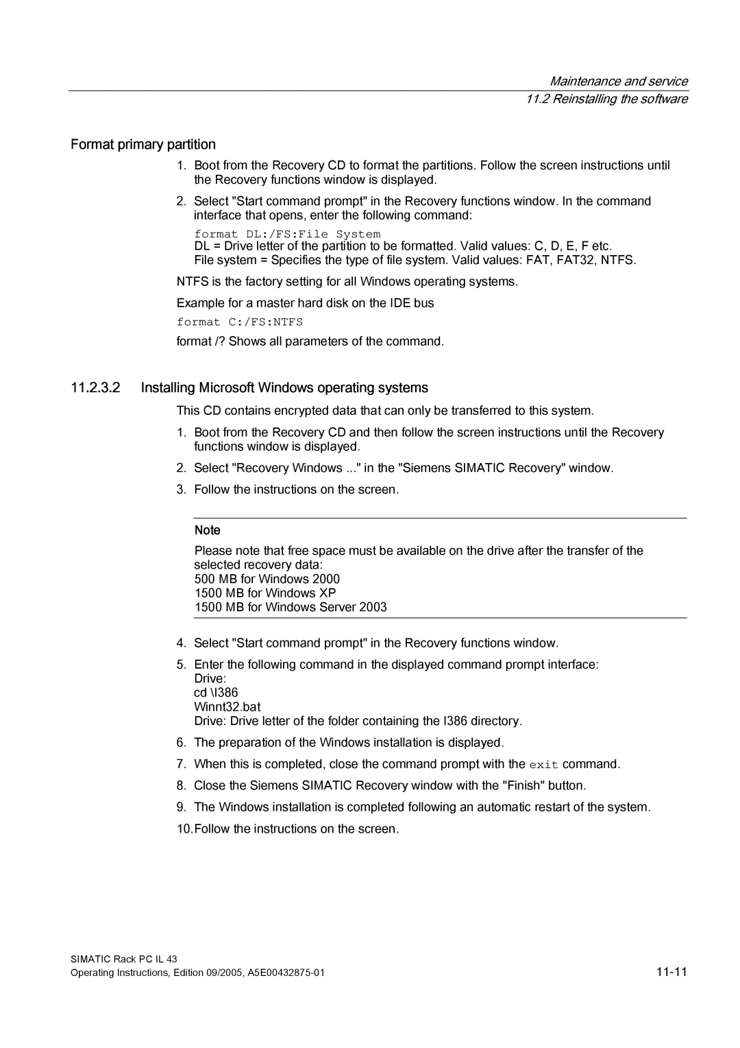 Siemens PCIL43 manual Format primary partition, Installing Microsoft Windows operating systems 