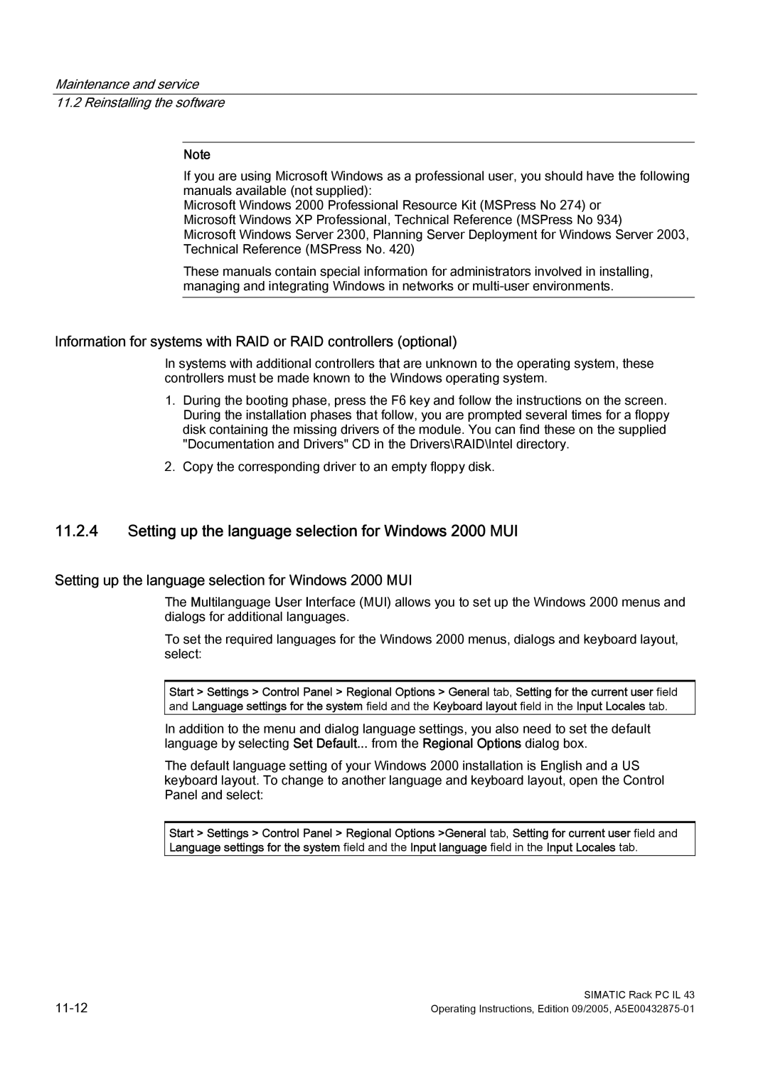 Siemens PCIL43 manual Setting up the language selection for Windows 2000 MUI 