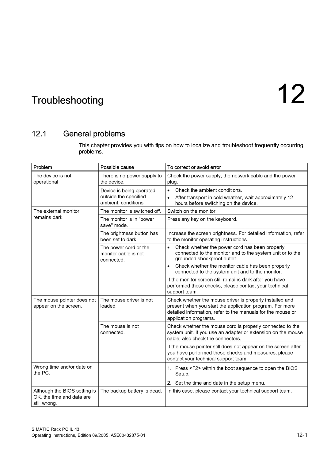 Siemens PCIL43 manual Troubleshooting, General problems, Problem Possible cause To correct or avoid error 