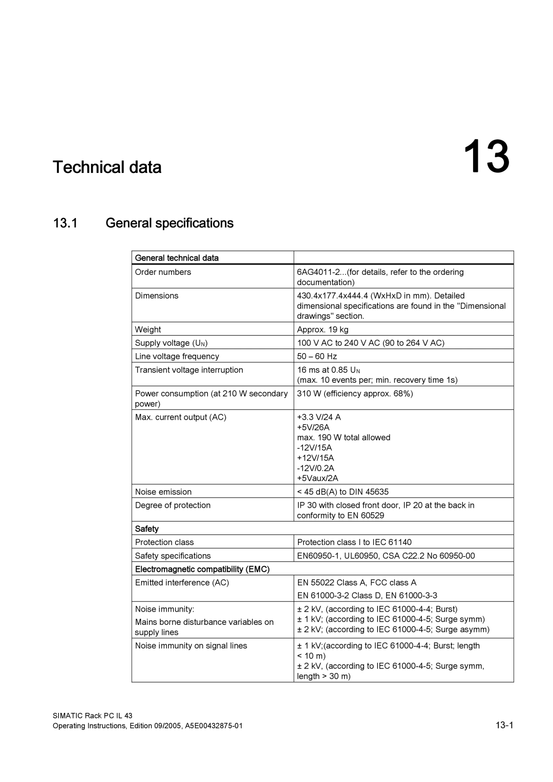 Siemens PCIL43 Technical data, General specifications, General technical data, Safety, Electromagnetic compatibility EMC 