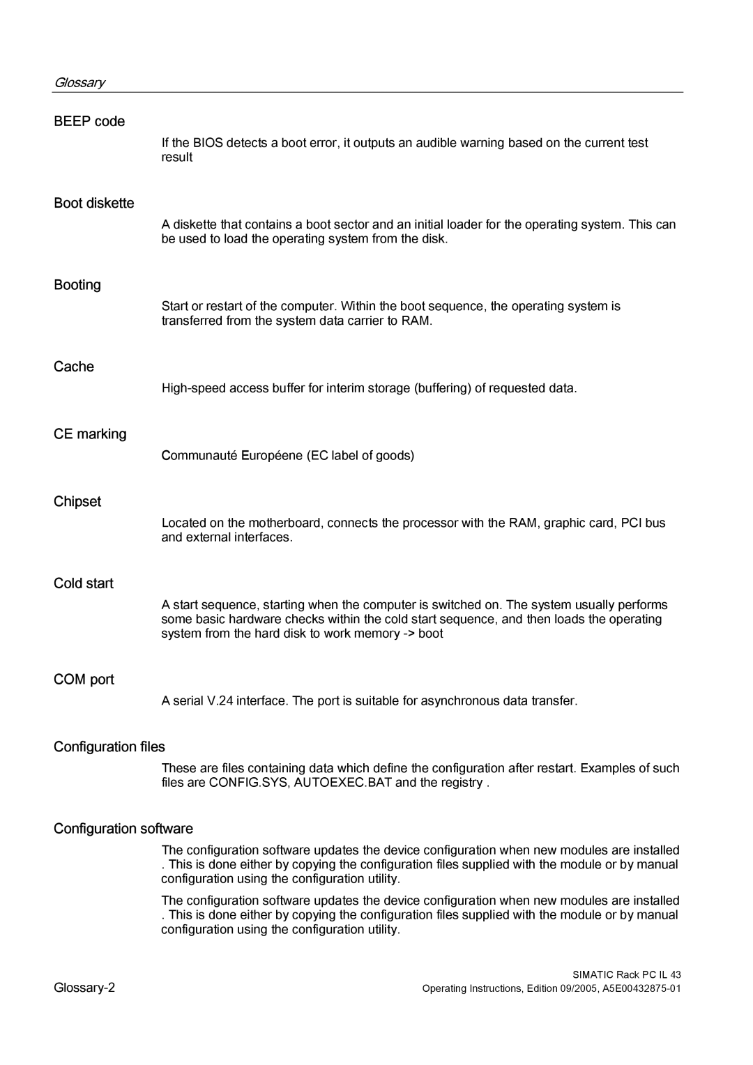 Siemens PCIL43 Beep code, Boot diskette, Booting, Cache, CE marking, Chipset, Cold start, COM port, Configuration files 
