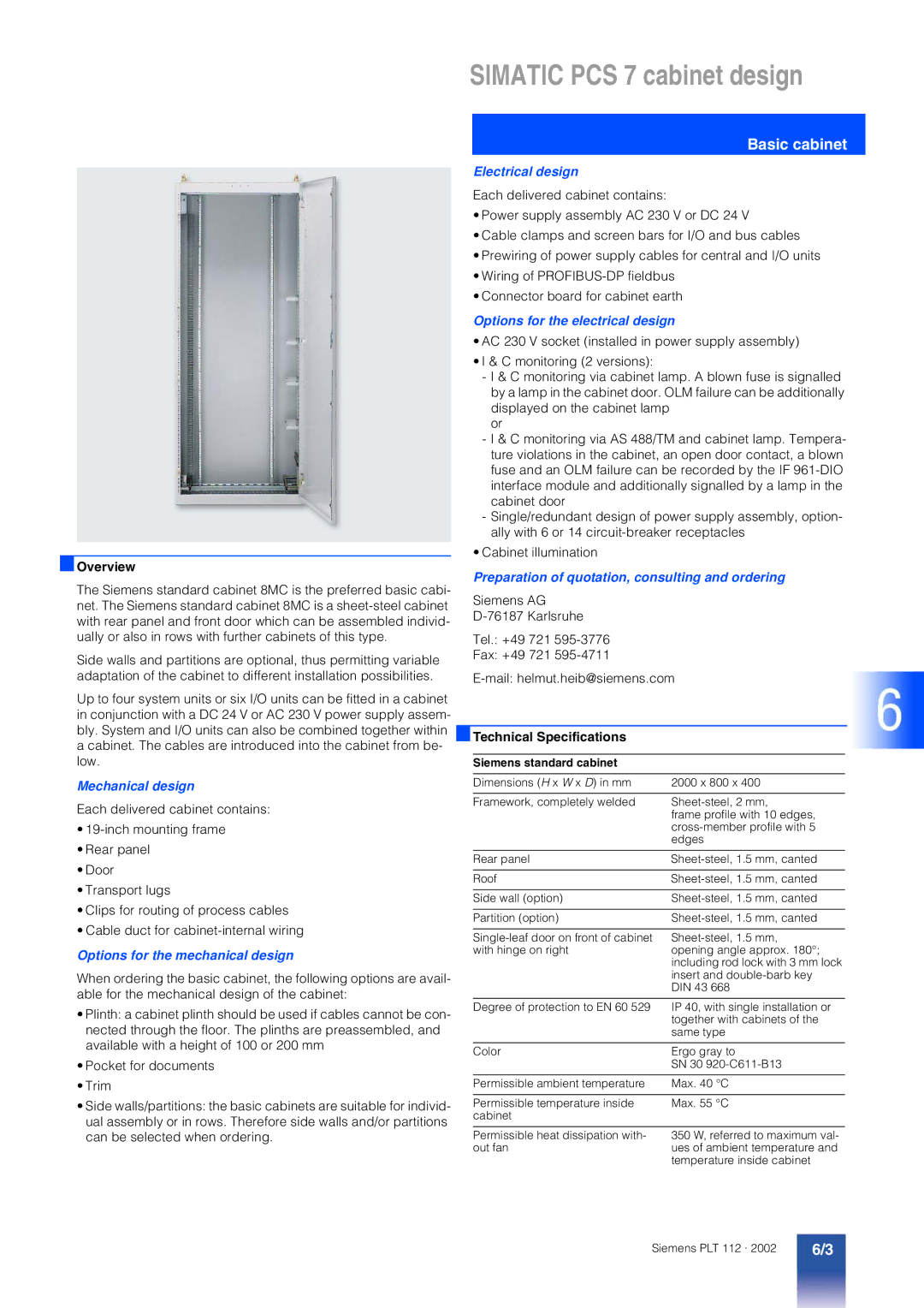 Siemens PCS 7 manual Basic cabinet, Mechanical design, Options for the mechanical design, Electrical design 