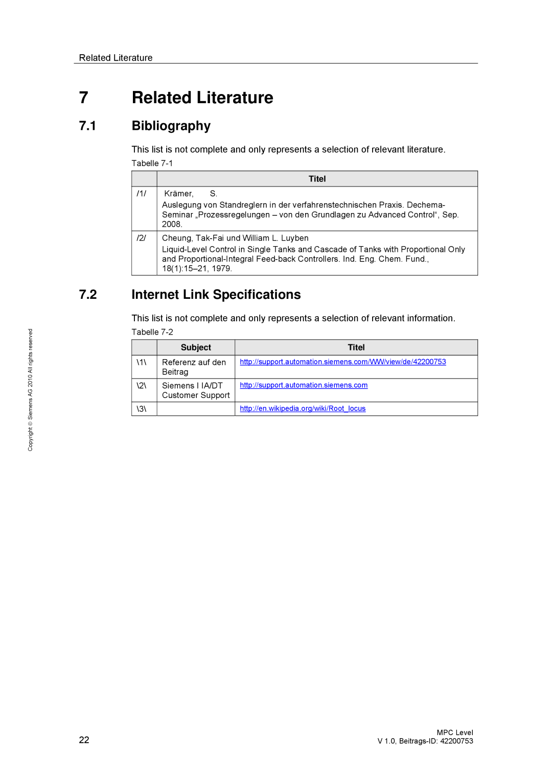 Siemens PCS 7 manual Related Literature, Bibliography, Internet Link Specifications 