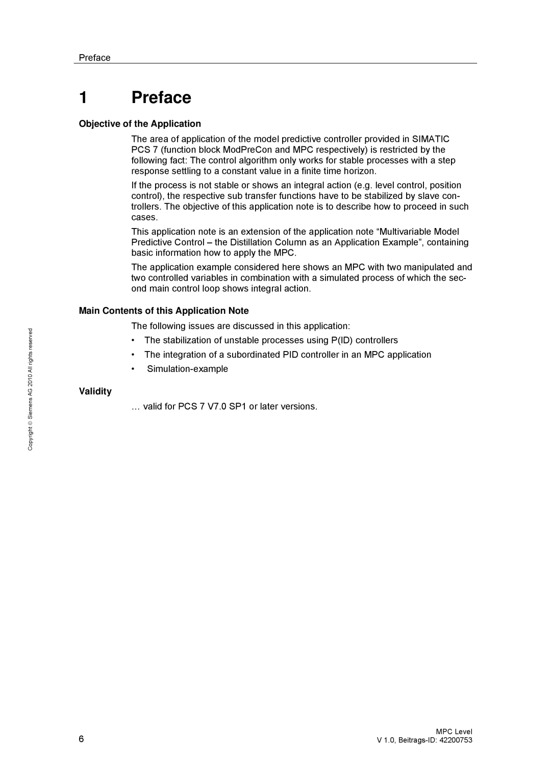 Siemens PCS 7 manual Preface, Objective of the Application 