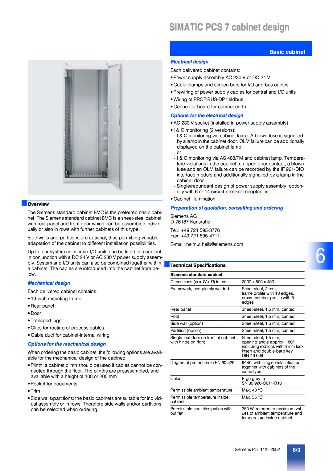 Siemens PCS 7 manual Basic cabinet, Mechanical design, Options for the mechanical design, Electrical design, Overview 