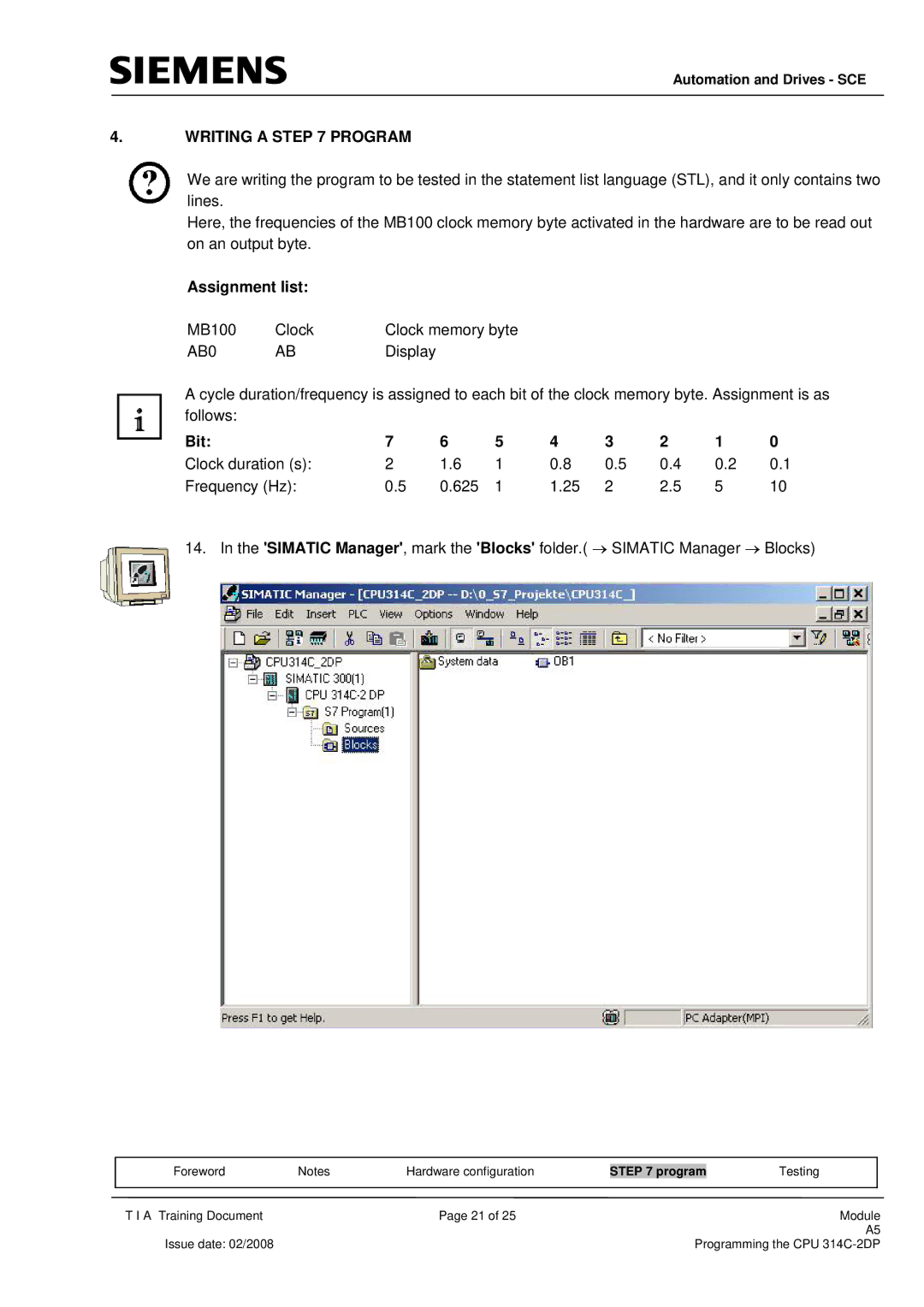 Siemens programming the cpu 314c-2dp manual Writing a Program, Assignment list, Bit 