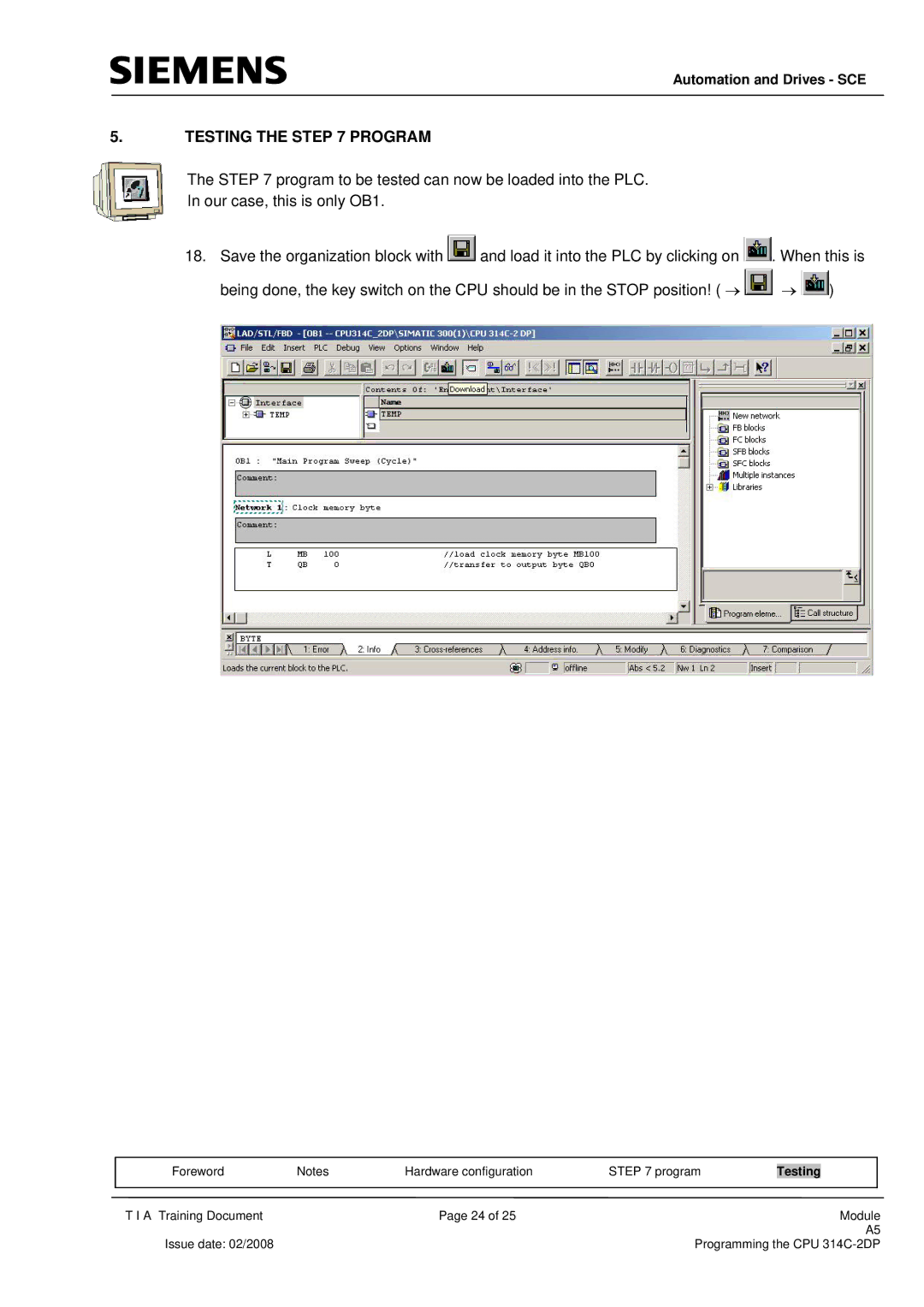 Siemens programming the cpu 314c-2dp manual Testing the Program 