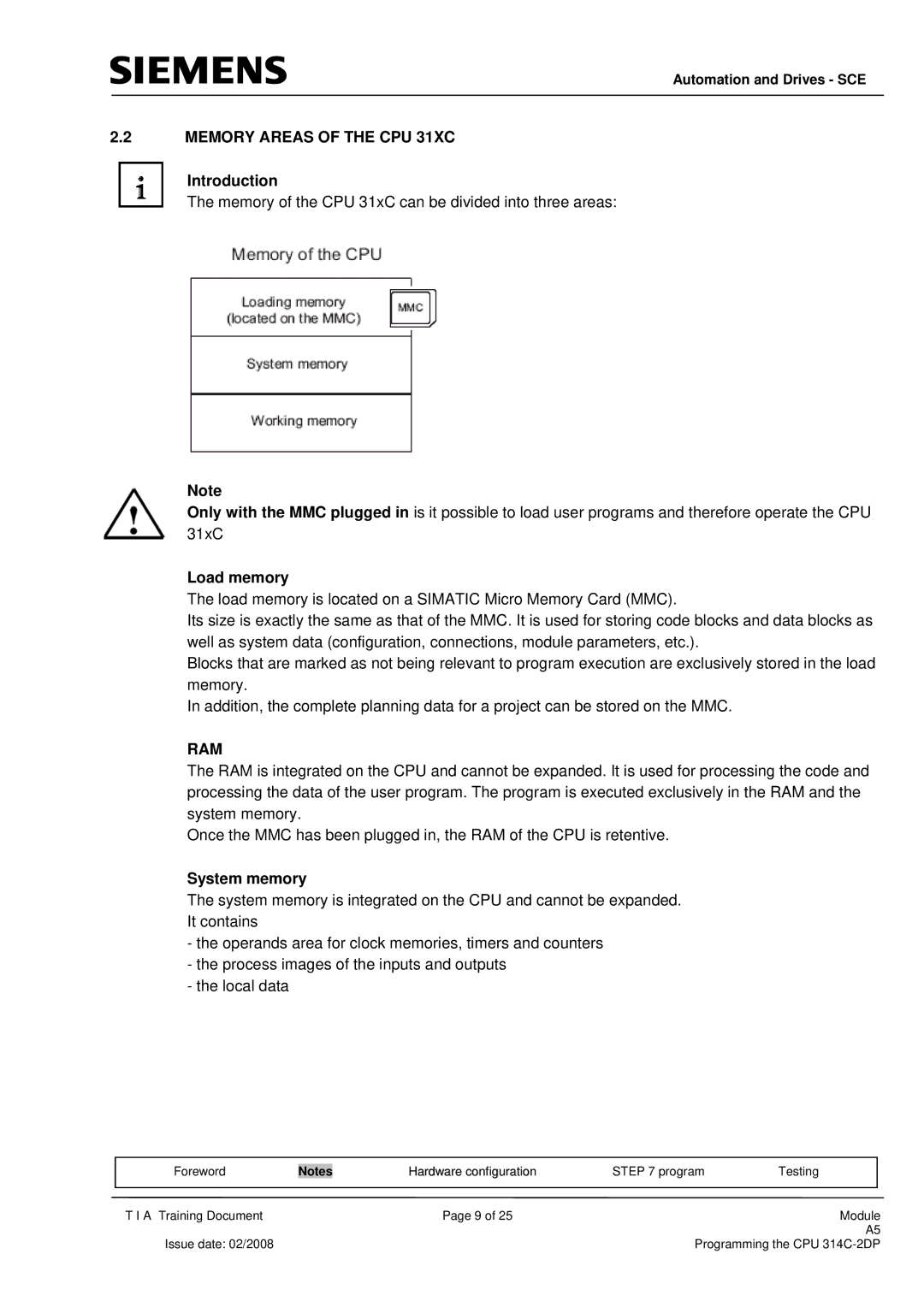 Siemens programming the cpu 314c-2dp manual Memory Areas of the CPU 31XC, Introduction, Load memory, Ram, System memory 