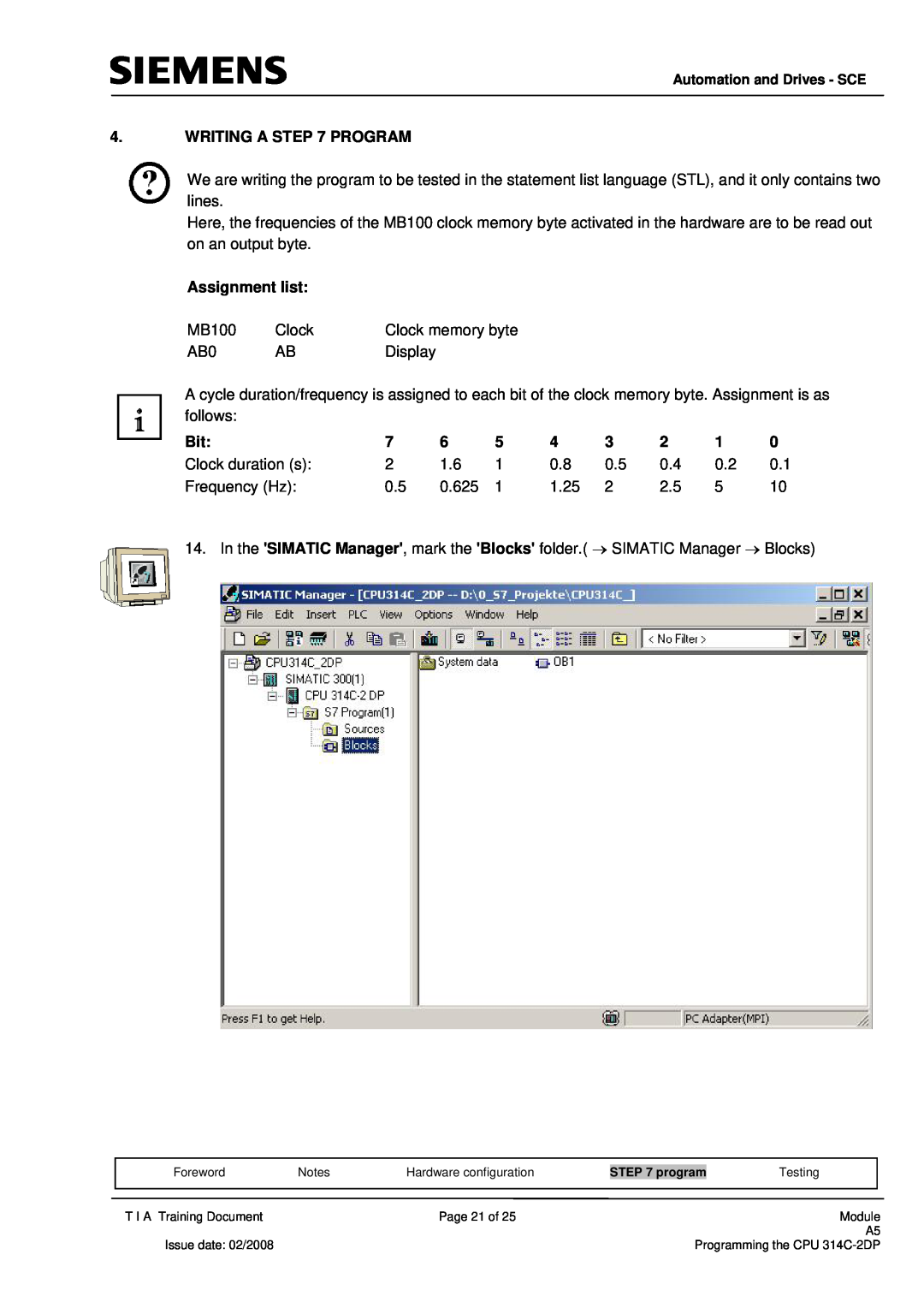 Siemens programming the cpu 314c-2dp manual Writing A Program, Assignment list 