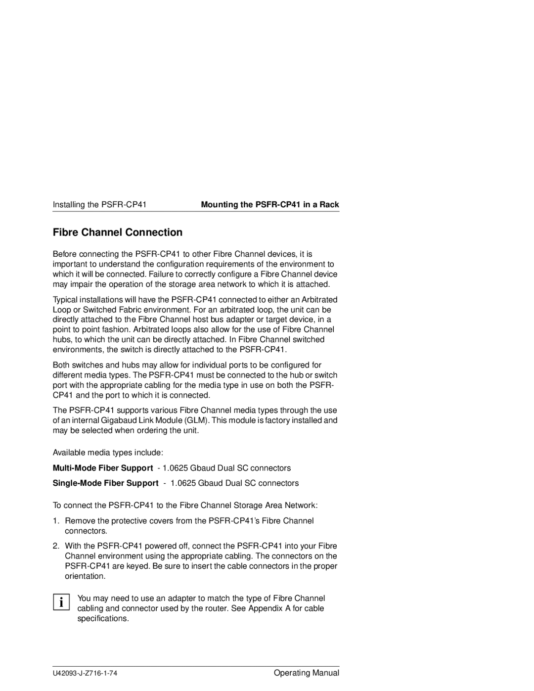 Siemens PSFR-CP41 manual Fibre Channel Connection 