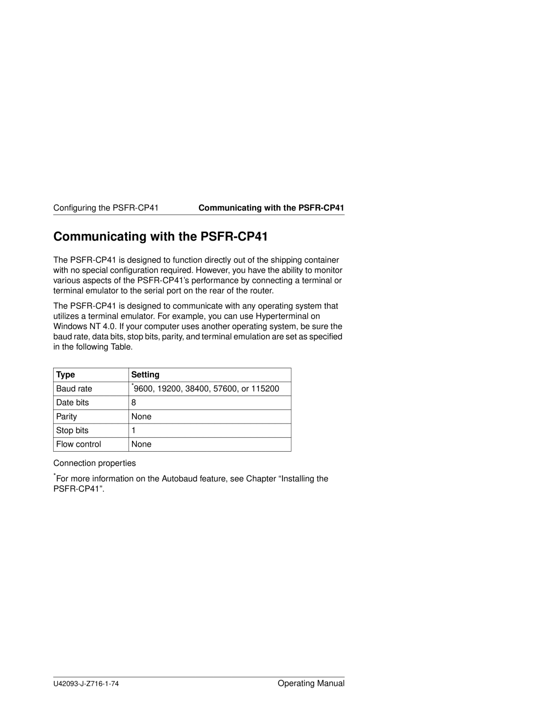 Siemens manual Communicating with the PSFR-CP41, Configuring the PSFR-CP41, Type Setting 