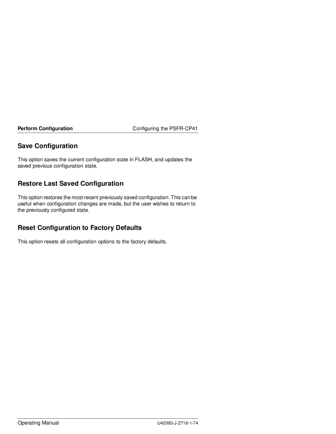 Siemens PSFR-CP41 manual Save Configuration, Restore Last Saved Configuration, Reset Configuration to Factory Defaults 