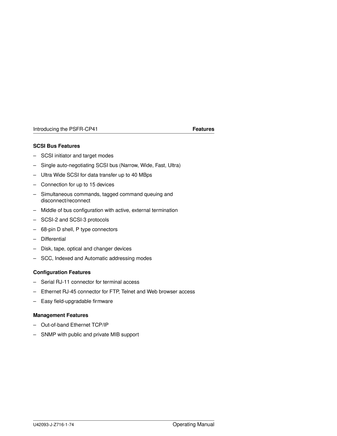 Siemens PSFR-CP41 manual Scsi Bus Features, Configuration Features, Management Features 