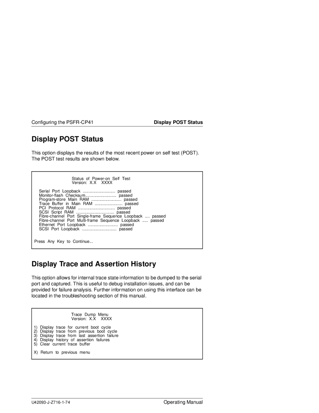 Siemens PSFR-CP41 manual Display Post Status, Display Trace and Assertion History 