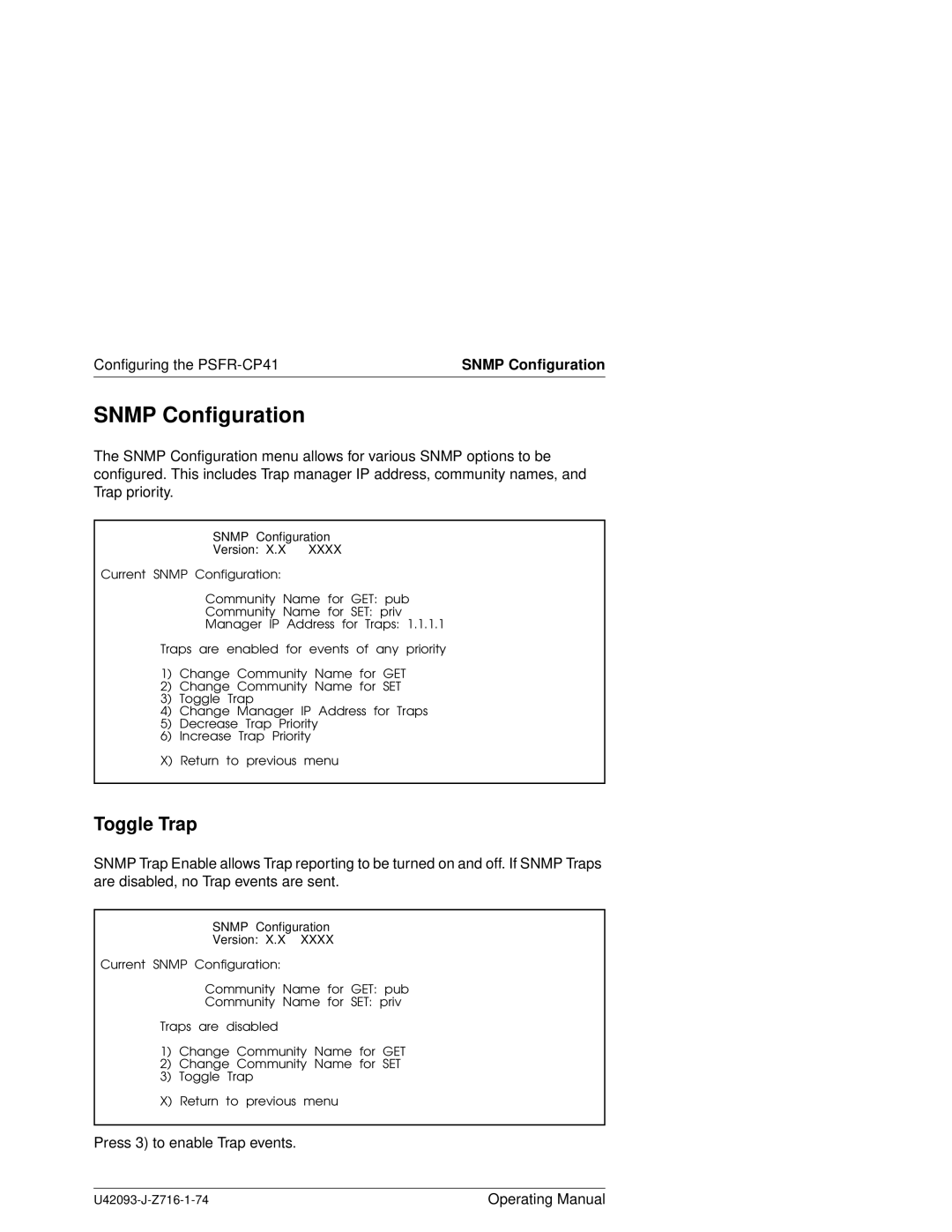 Siemens PSFR-CP41 manual Snmp Configuration, Toggle Trap 