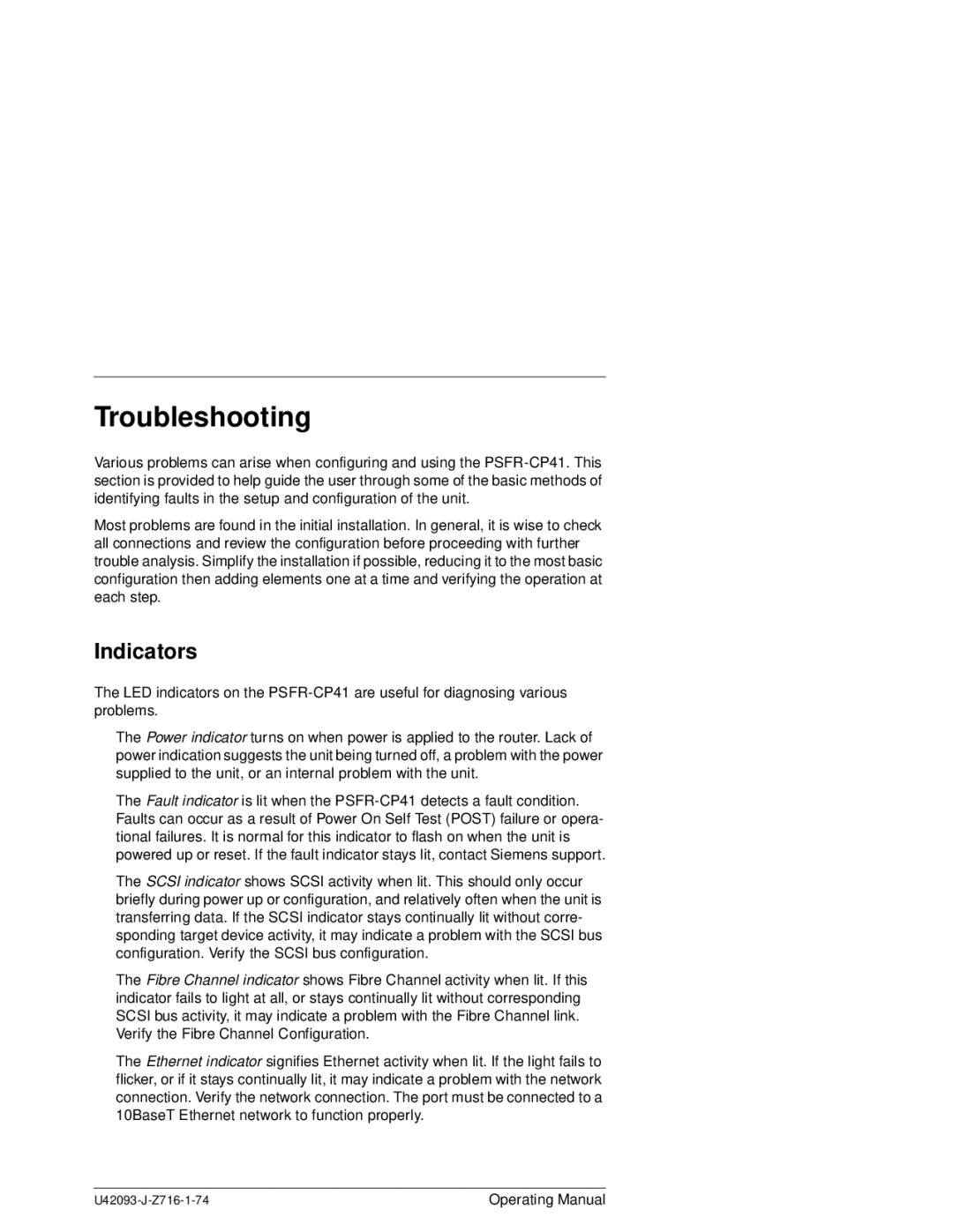 Siemens PSFR-CP41 manual Troubleshooting, Indicators 