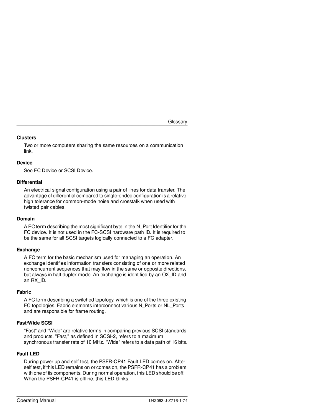 Siemens PSFR-CP41 manual Clusters, Device, Differential, Domain, Exchange, Fabric, Fast/Wide Scsi, Fault LED 