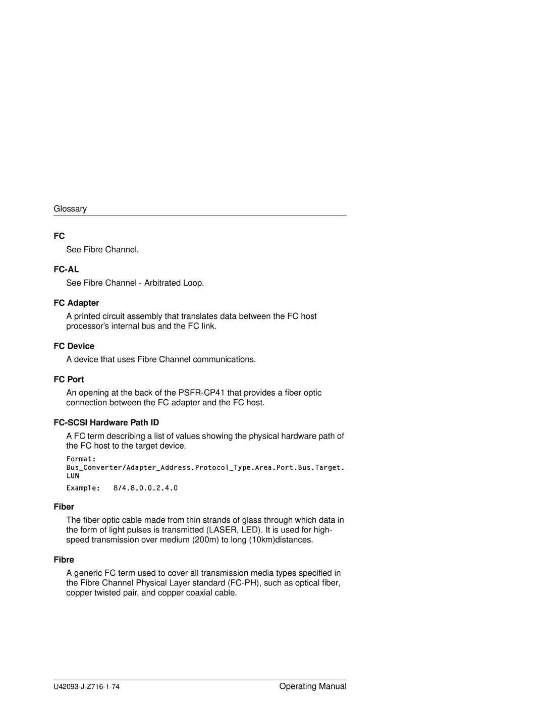 Siemens PSFR-CP41 manual FC Adapter, FC Device, FC Port, FC-SCSI Hardware Path ID, Fiber, Fibre 