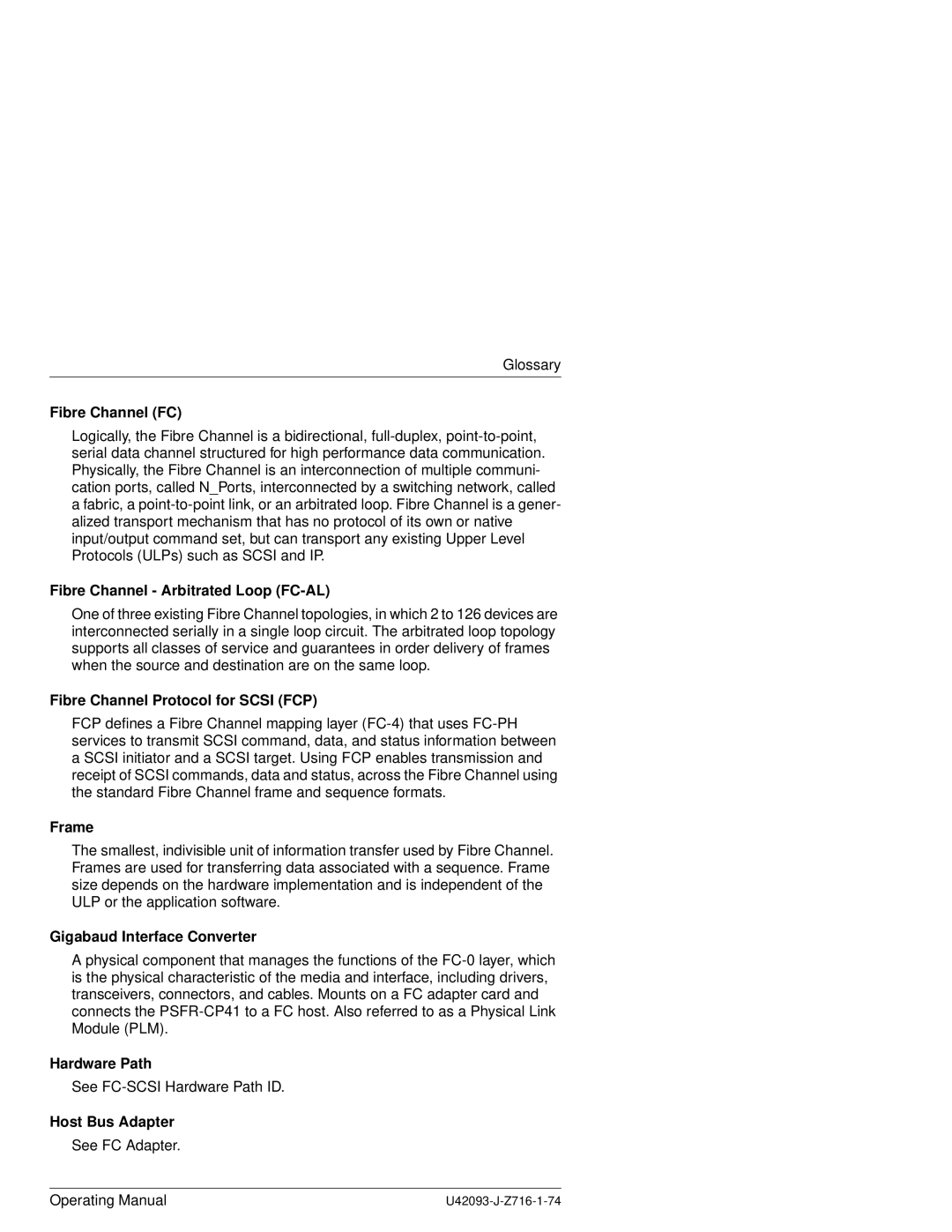 Siemens PSFR-CP41 manual Fibre Channel FC, Fibre Channel Arbitrated Loop FC-AL, Fibre Channel Protocol for Scsi FCP, Frame 