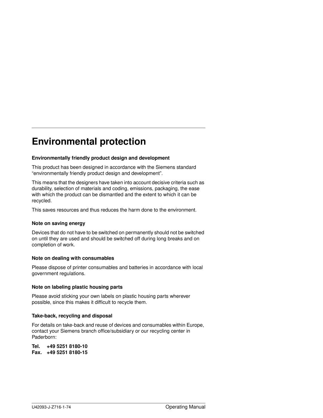 Siemens PSFR-CP41 manual Environmental protection, Environmentally friendly product design and development 