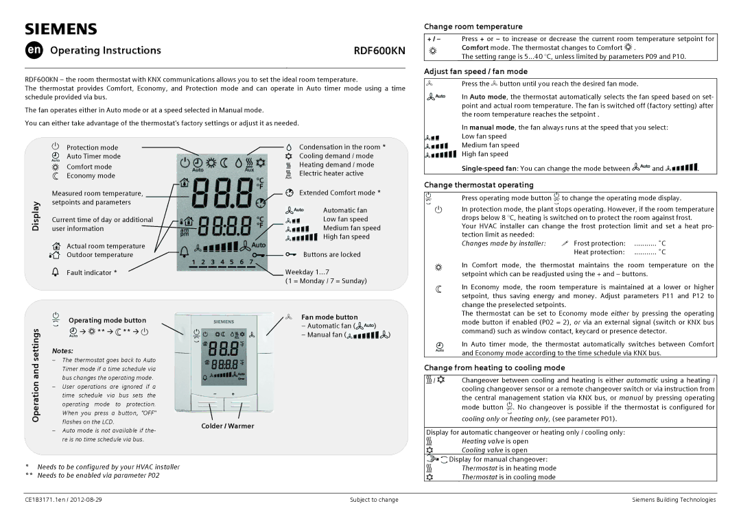 Siemens rdf600kn operating instructions Change room temperature, Adjust fan speed / fan mode, Change thermostat operating 