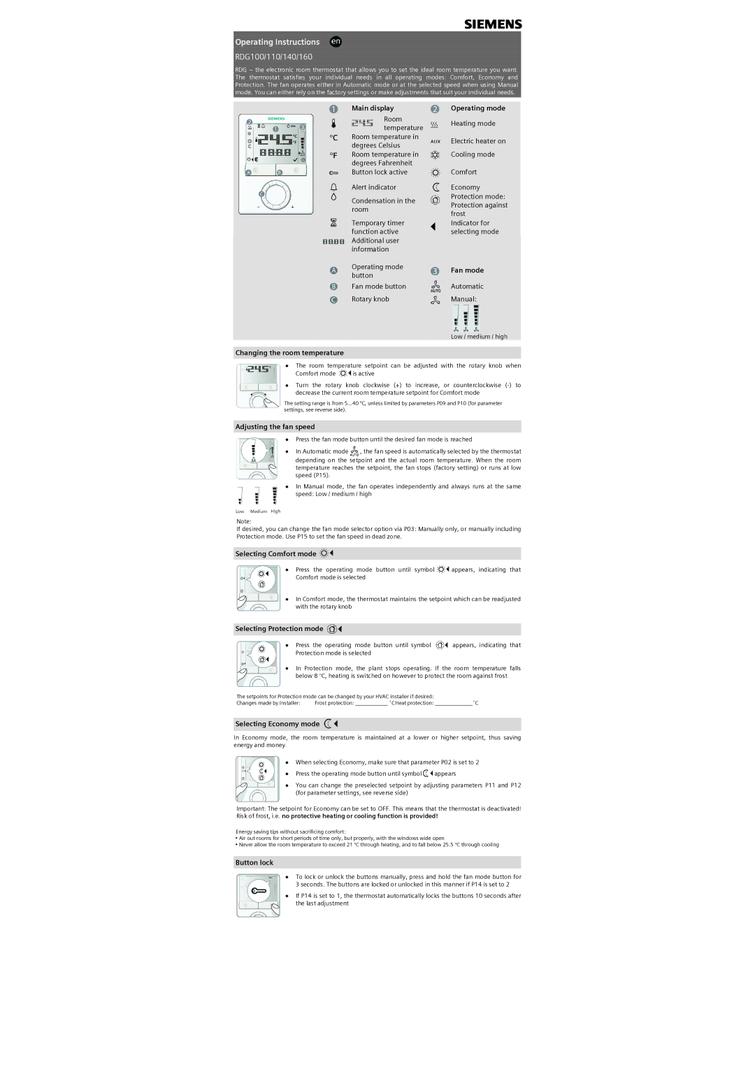 Siemens 140, 110 operating instructions Main display Operating mode, Fan mode, Changing the room temperature, Button lock 