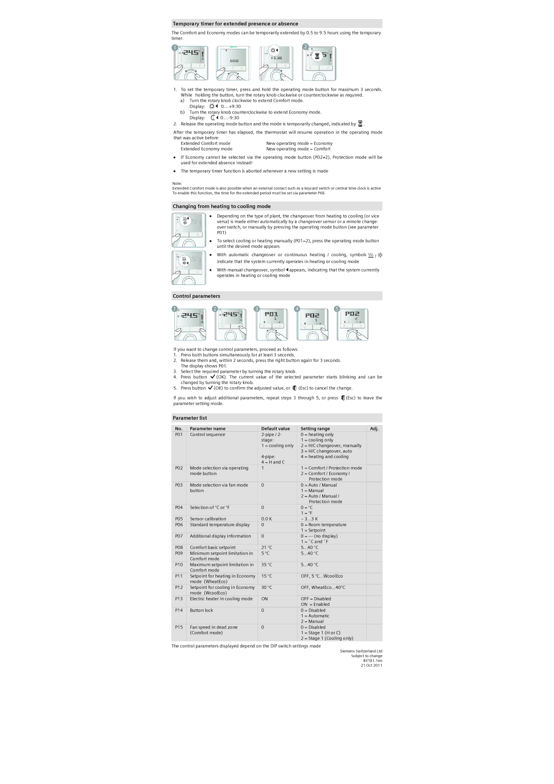 Siemens 110 Temporary timer for extended presence or absence, Changing from heating to cooling mode, Control parameters 