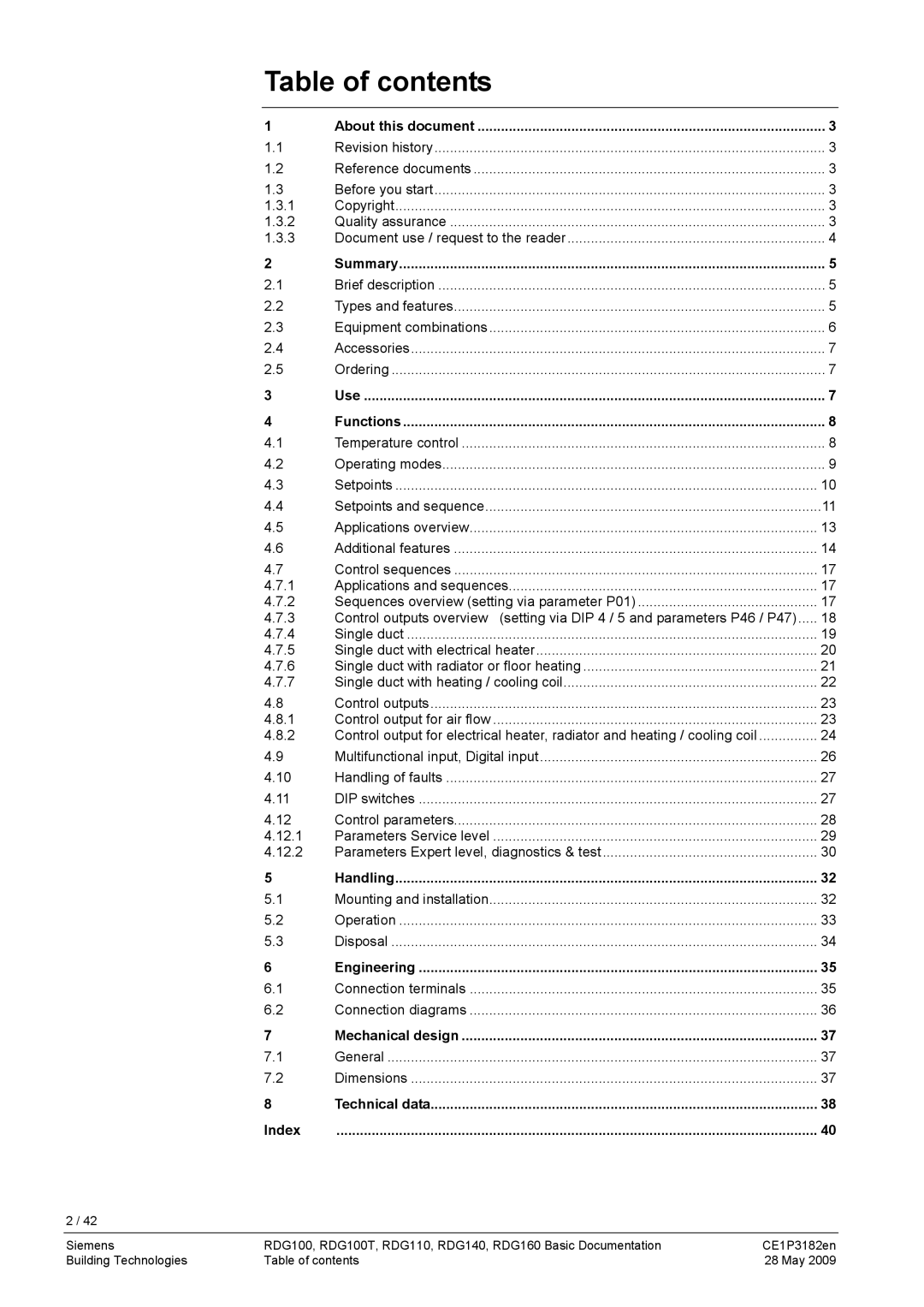 Siemens RDG400 manual Table of contents 