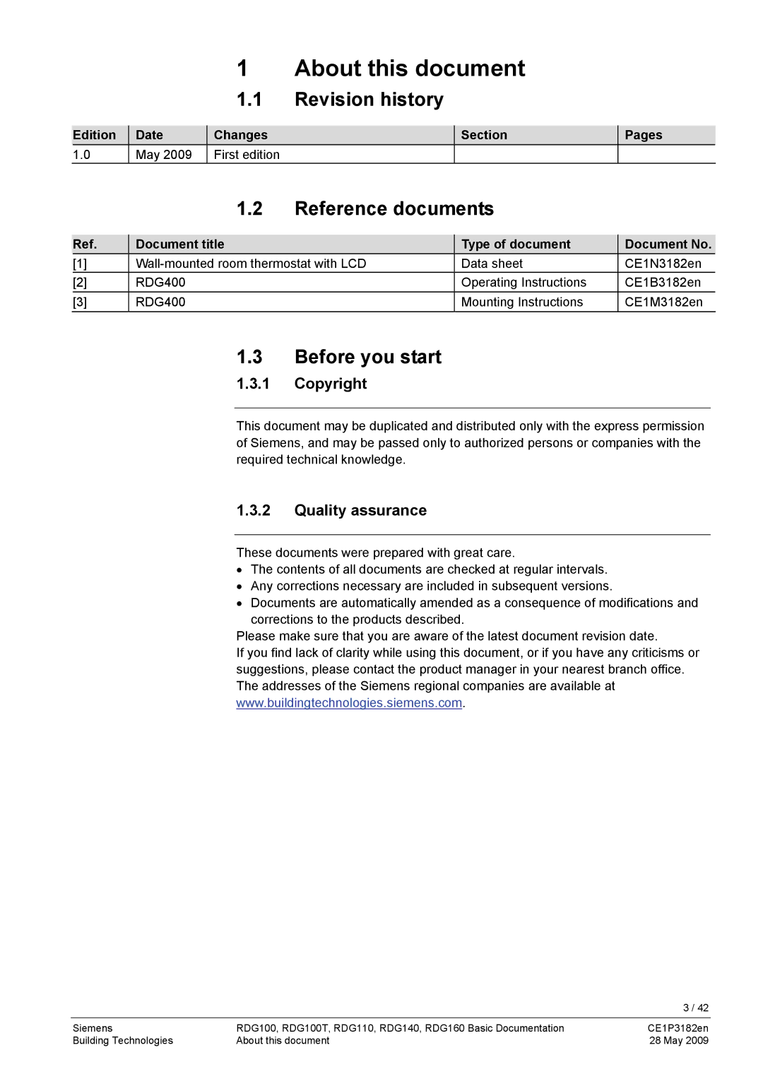 Siemens RDG400 manual About this document, Revision history, Reference documents, Before you start 