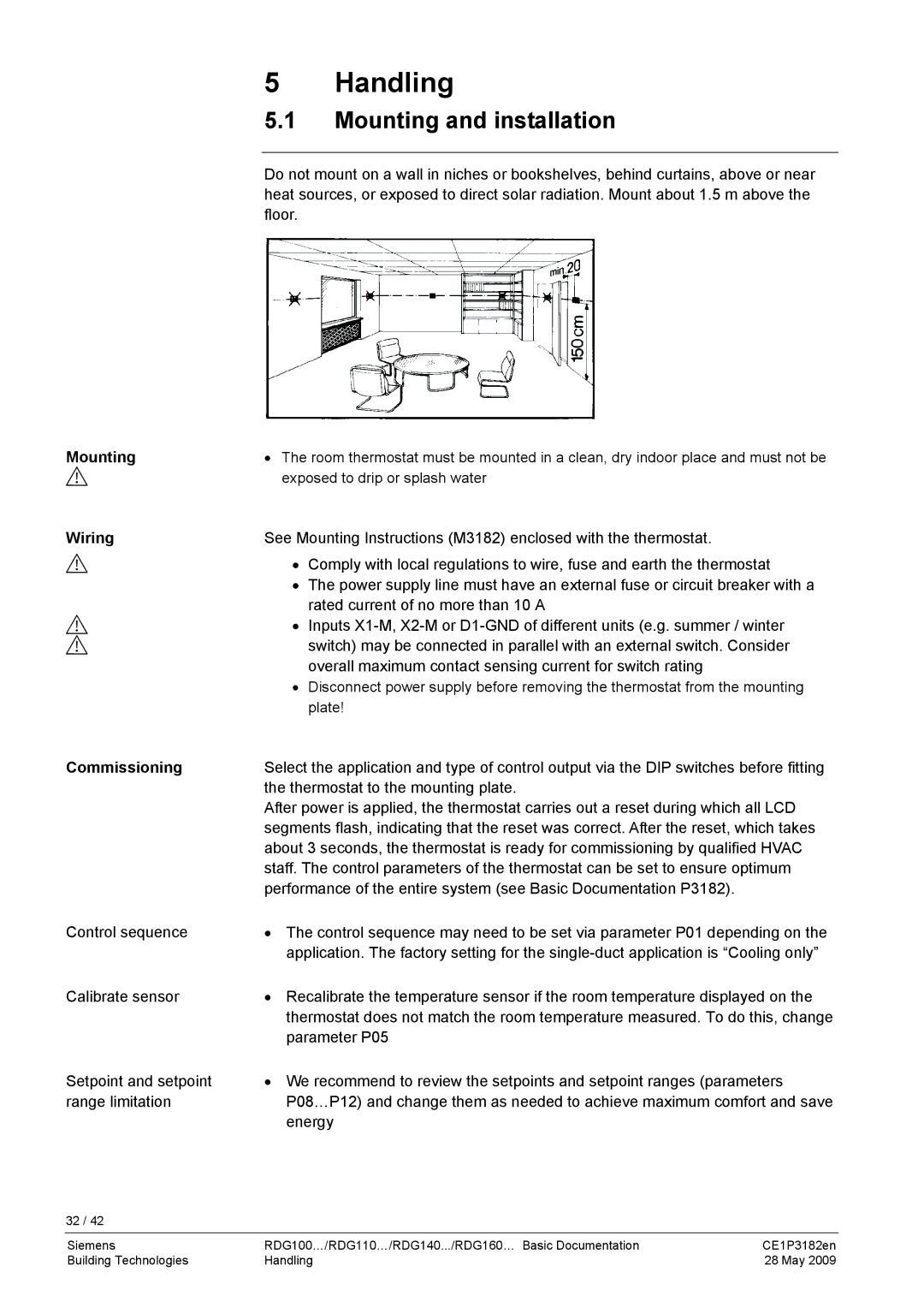 Siemens RDG400 manual Handling, Mounting and installation, Wiring, Commissioning 