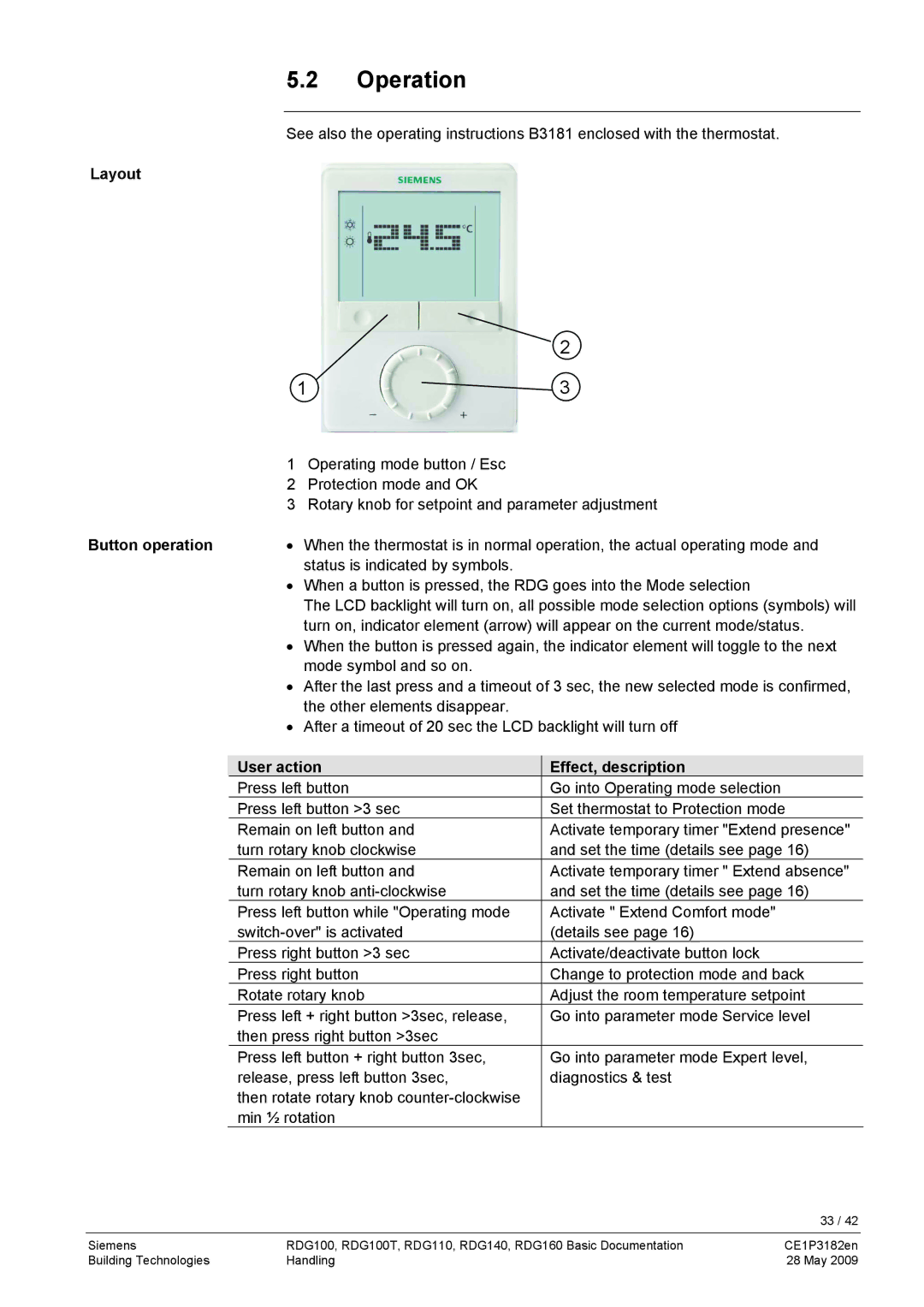 Siemens RDG400 manual Operation, Layout, Button operation, User action, Effect, description 