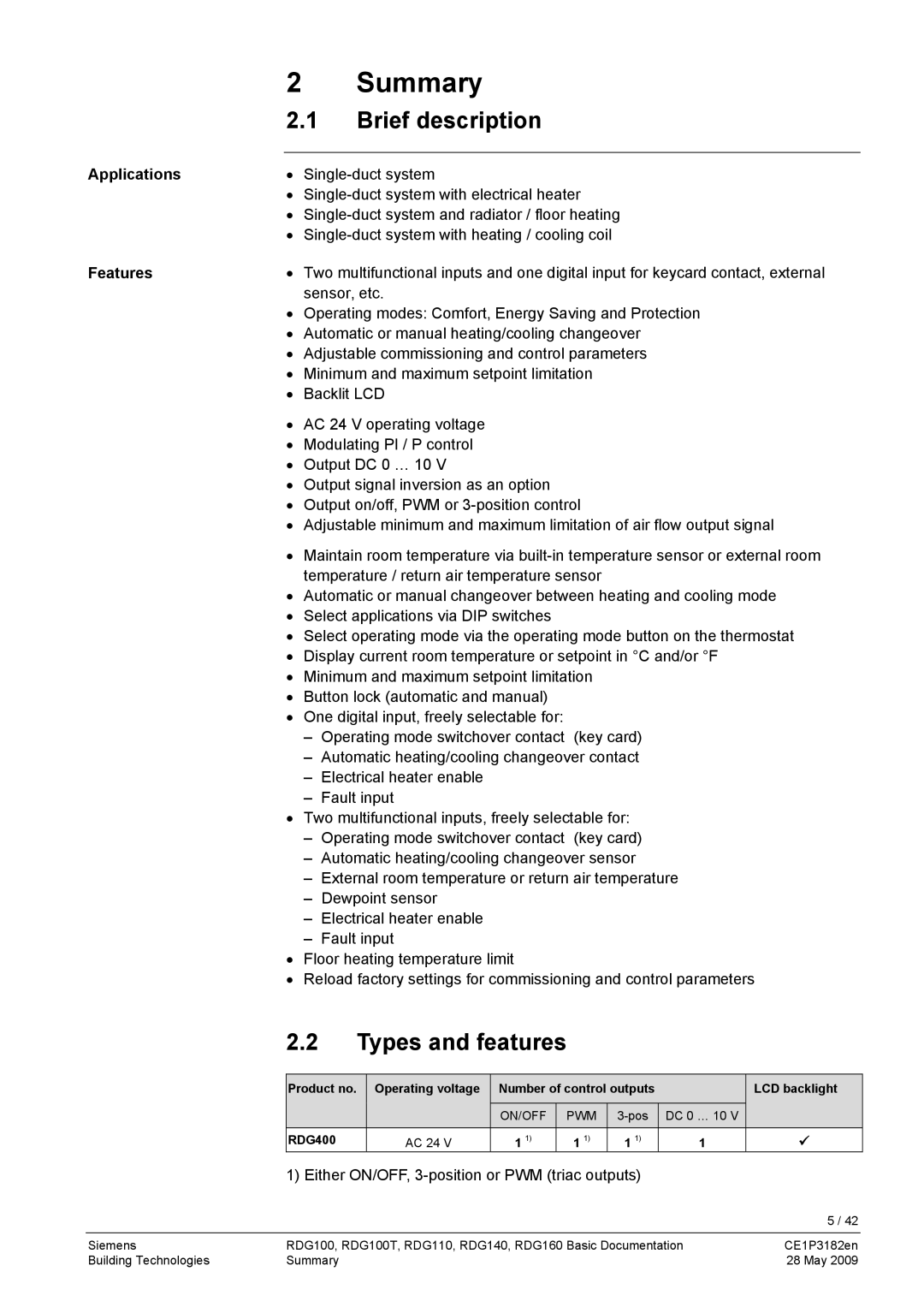 Siemens RDG400 manual Summary, Brief description, Types and features, Applications, Features 