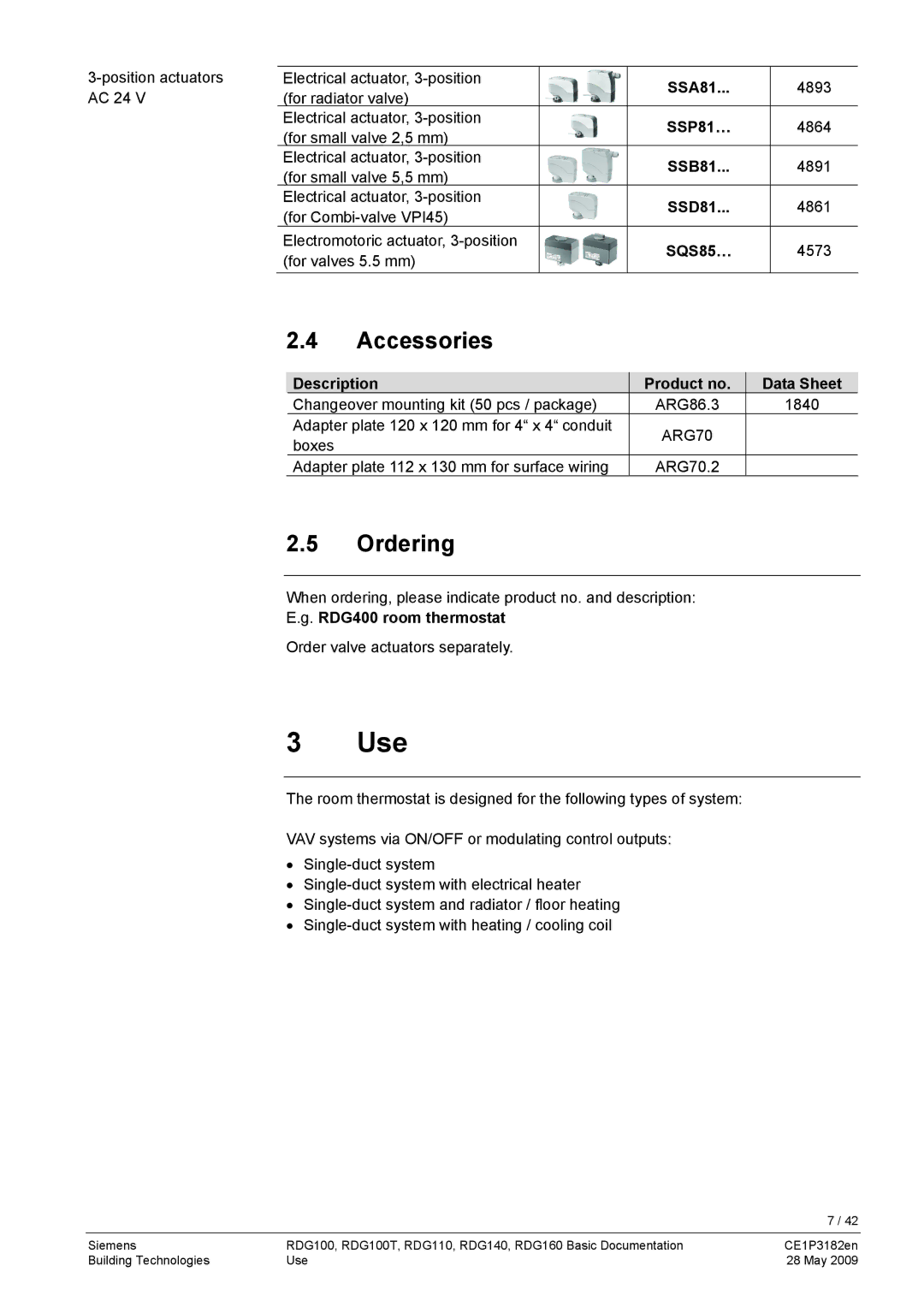 Siemens manual Use, Accessories, Ordering, SSA81 SSP81… SSB81 SSD81 SQS85…, RDG400 room thermostat 