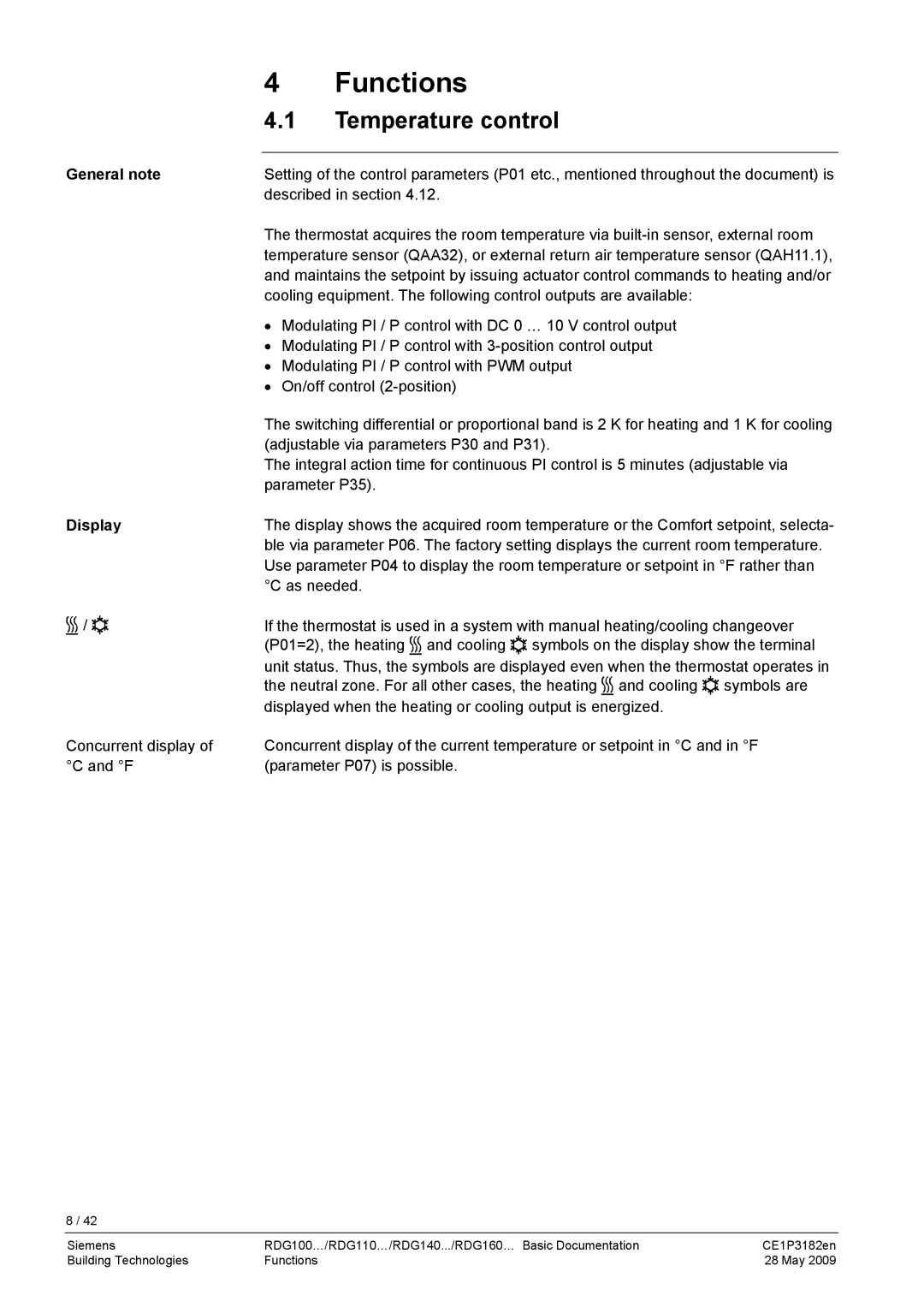 Siemens RDG400 manual Functions, Temperature control, General note, Described in section, Display 