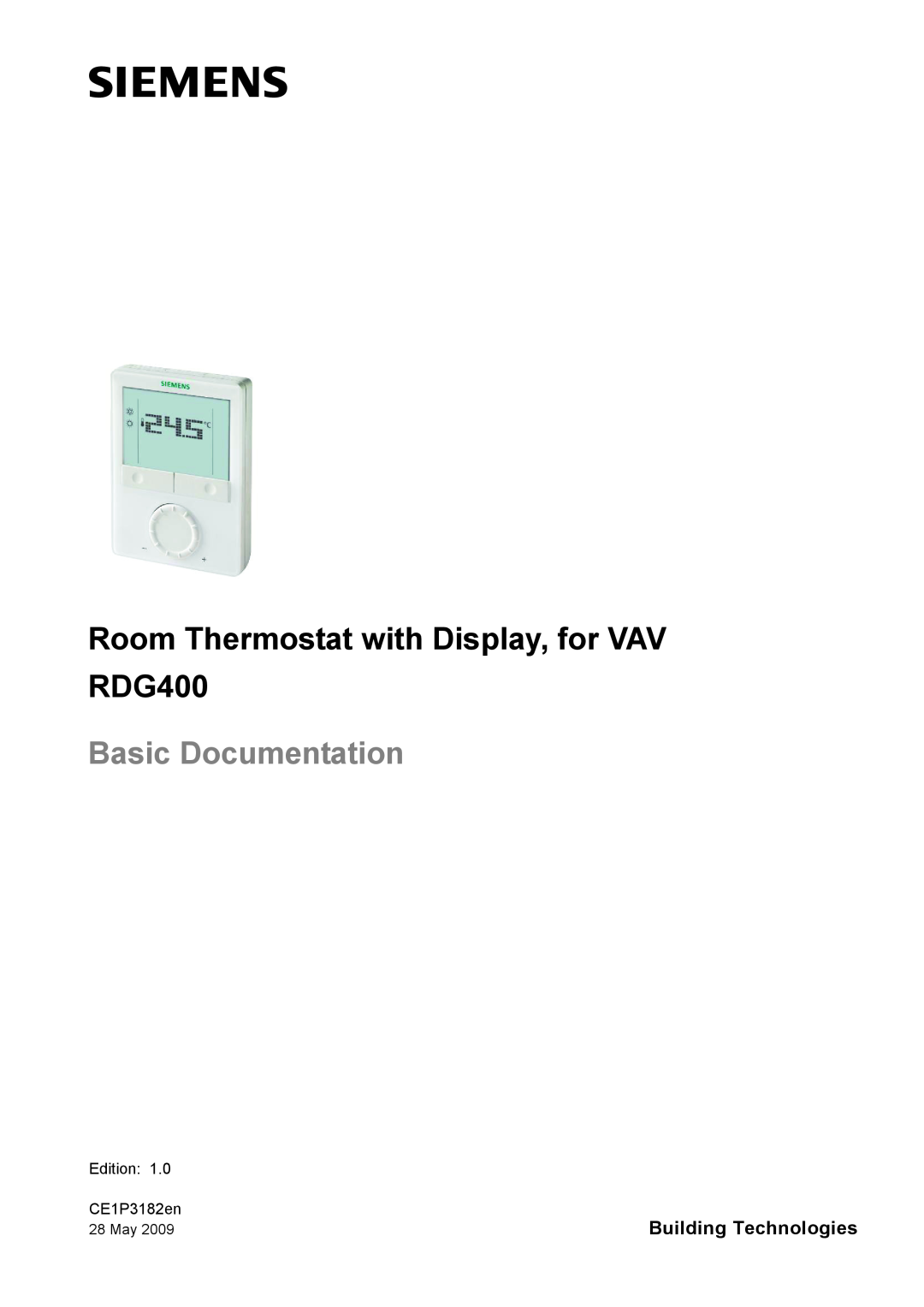 Siemens manual Building Technologies, Room Thermostat with Display, for VAV RDG400, Basic Documentation 