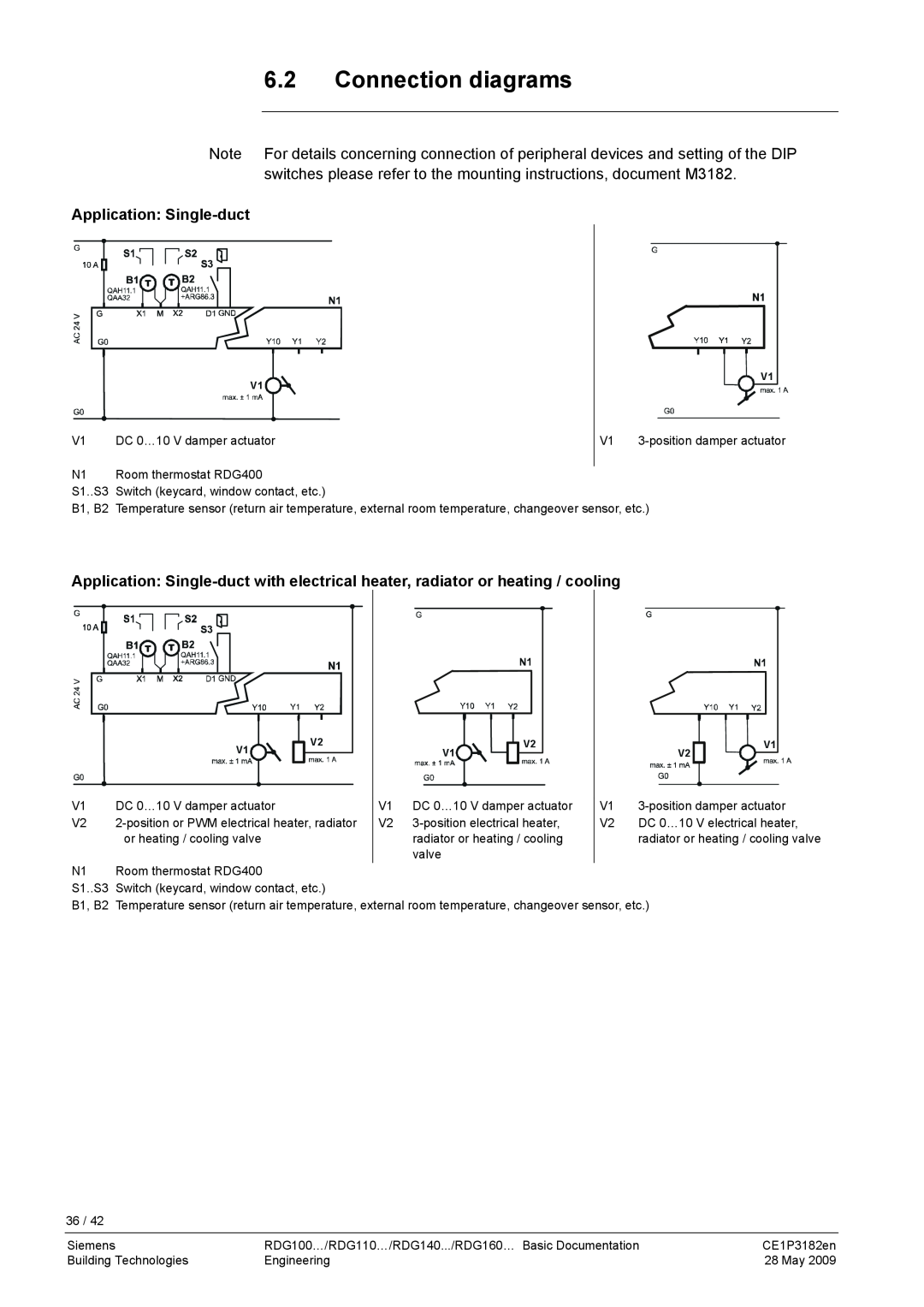 Siemens RDG400 manual 6.2Connection diagrams, Application Single-duct 