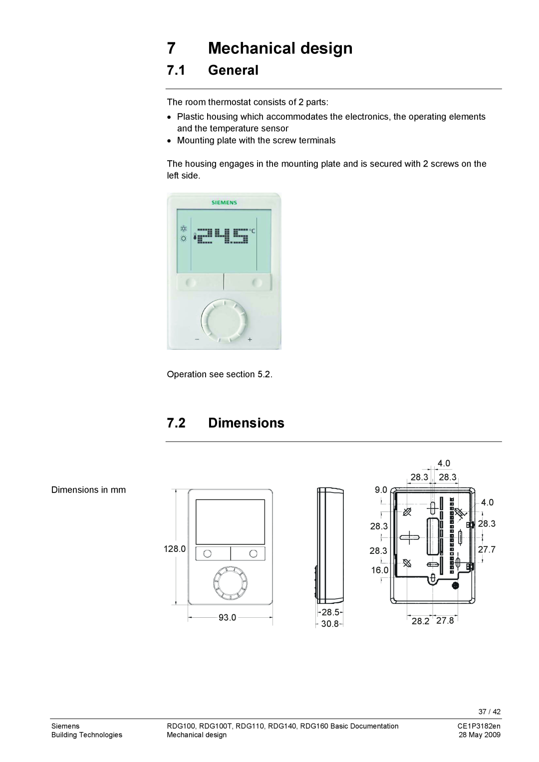 Siemens RDG400 manual Mechanical design, 7.1General, 7.2Dimensions 