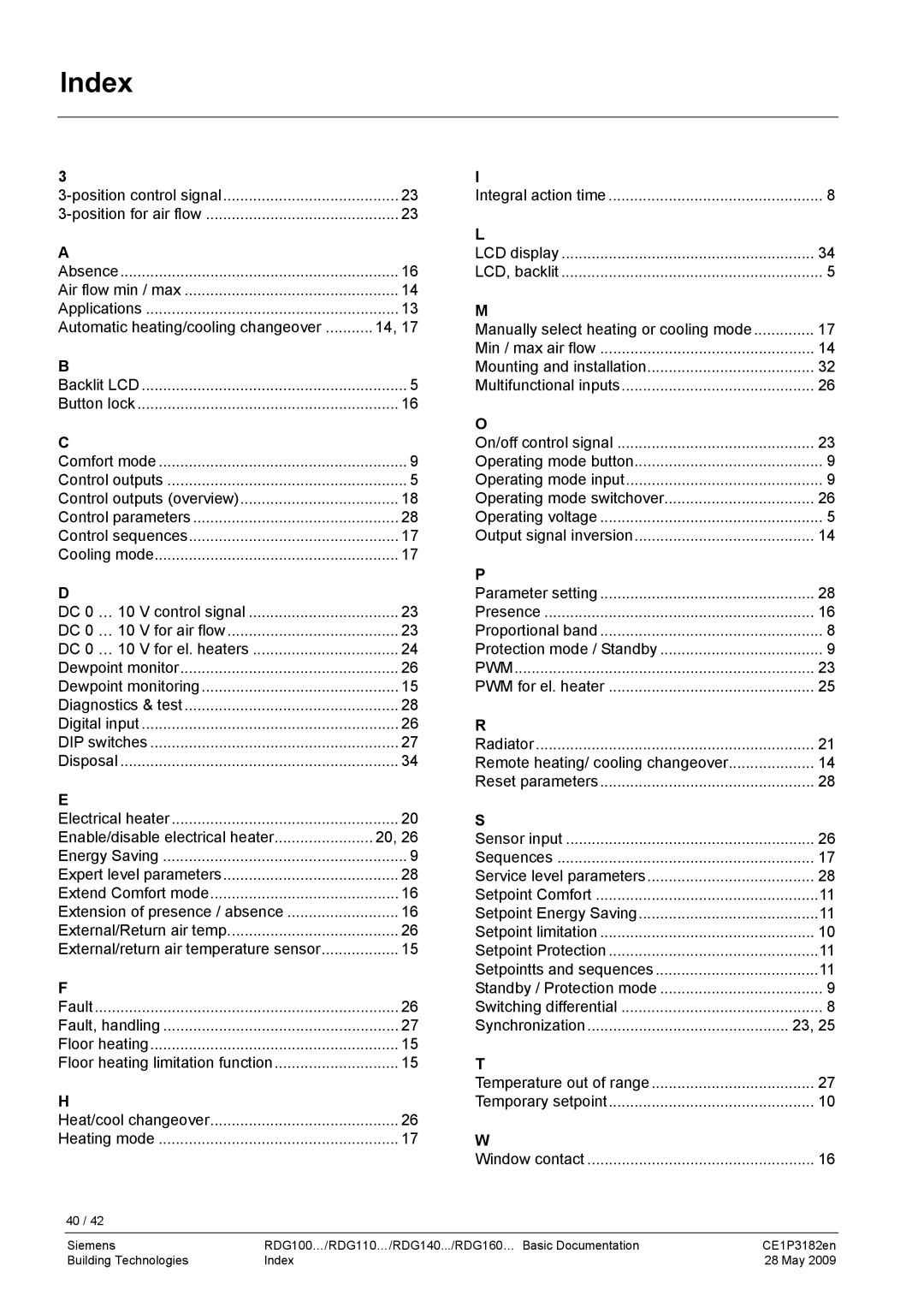 Siemens RDG400 manual Index 