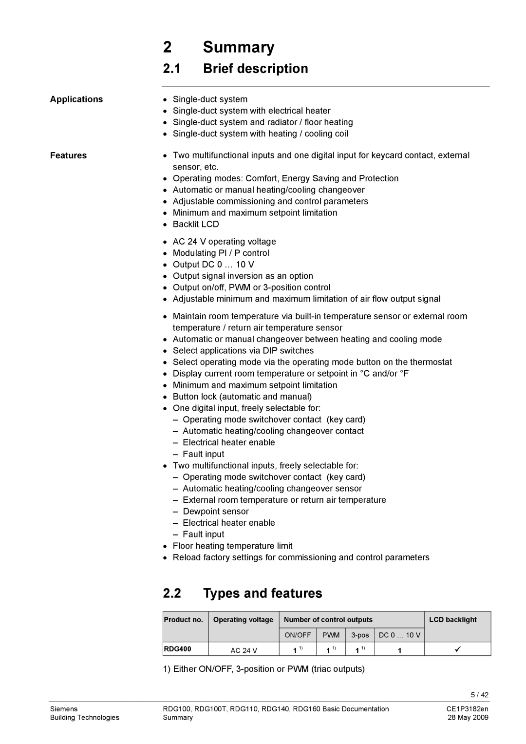 Siemens RDG400 manual Summary, Brief description, 2.2Types and features 