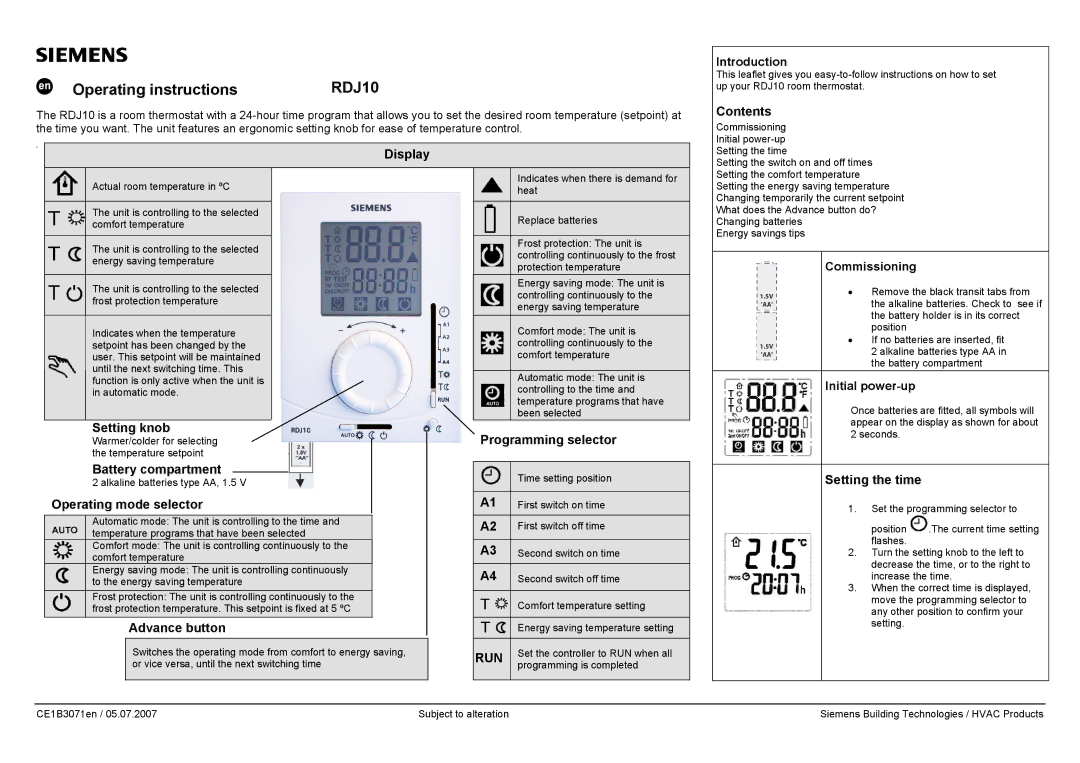 Siemens RDJ10 operating instructions Display Introduction, Contents, Setting knob, Battery compartment, Advance button 