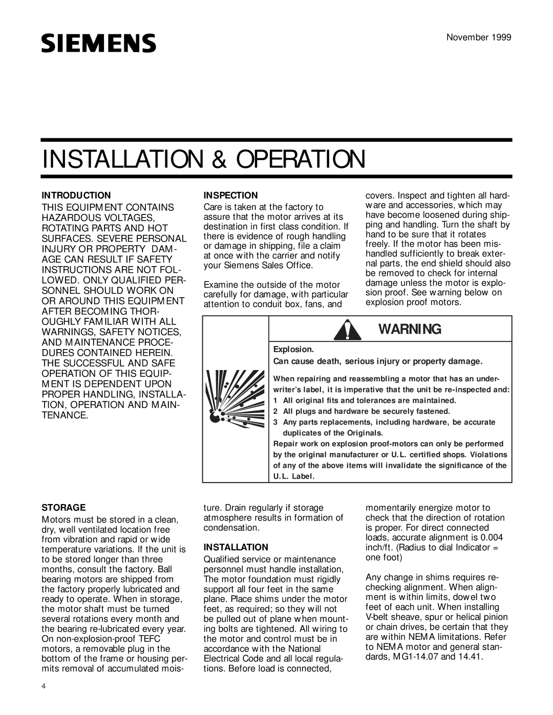 Siemens RGZESDI manual Installation & Operation, Introduction, Inspection, Storage 