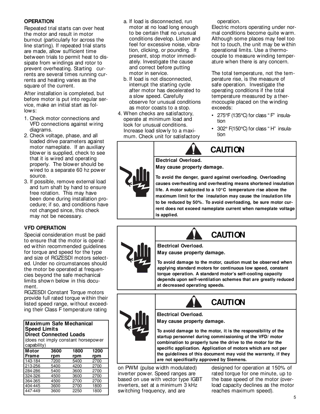 Siemens RGZESDI manual Electrical Overload May cause property damage, VFD Operation 