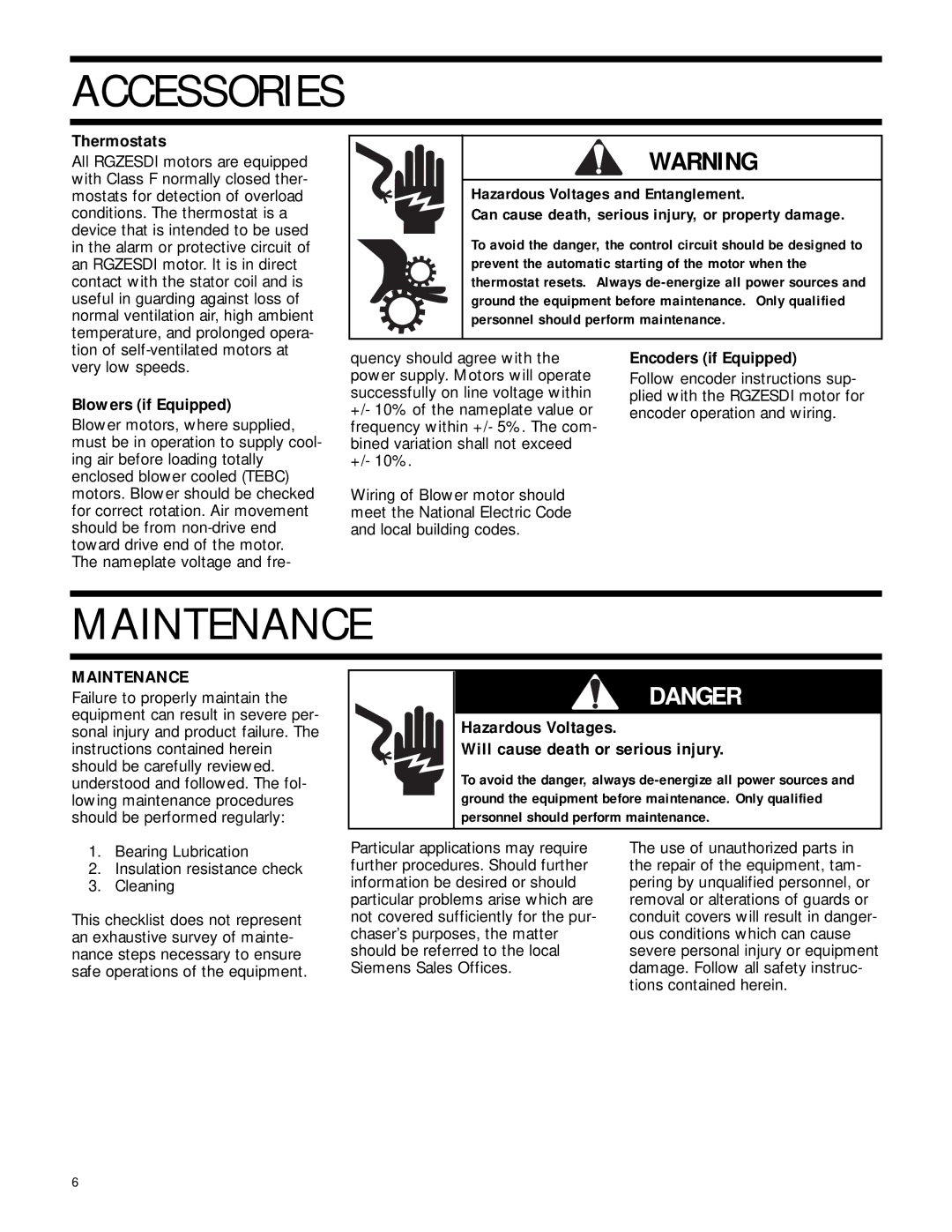 Siemens RGZESDI manual Accessories, Maintenance, Thermostats, Blowers if Equipped, Encoders if Equipped 