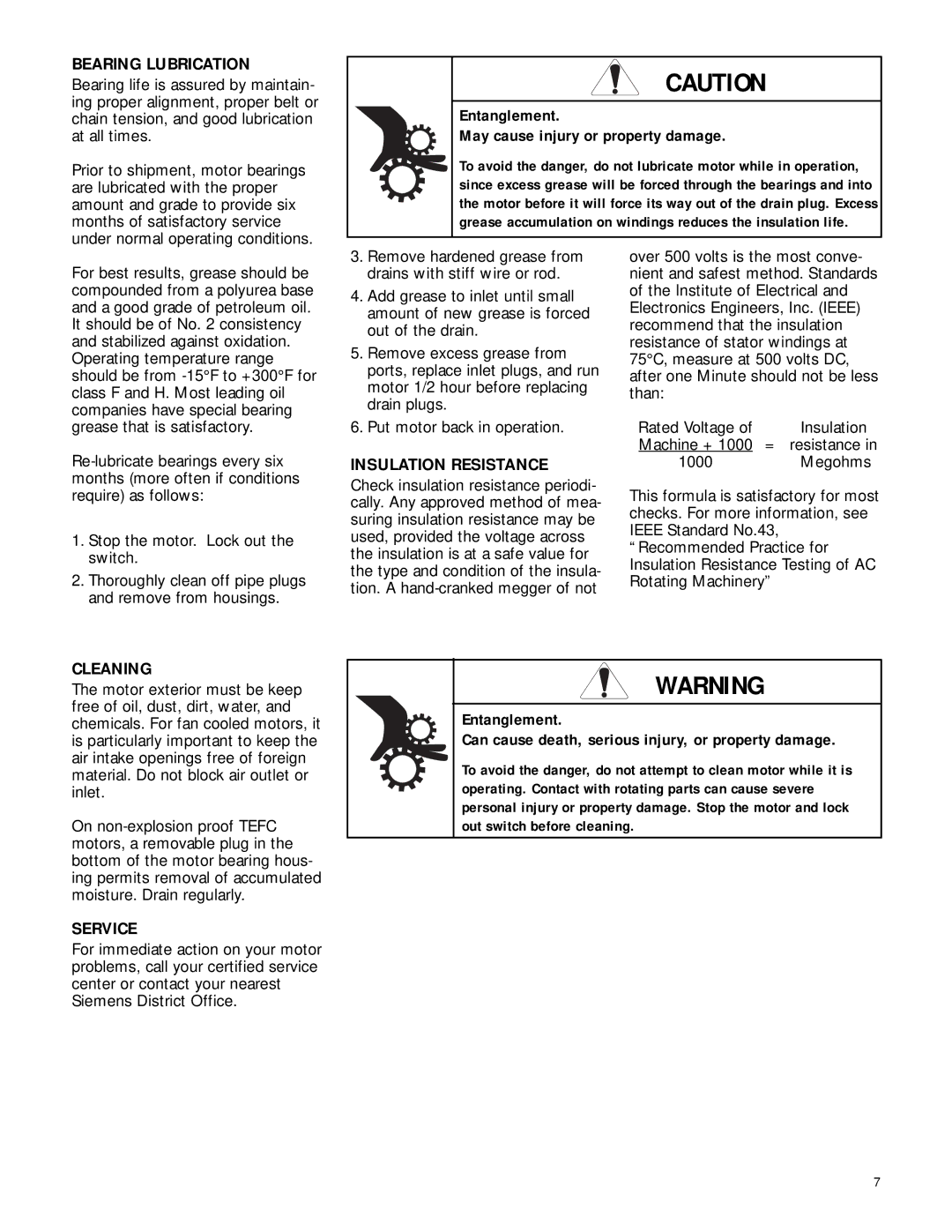 Siemens RGZESDI Entanglement May cause injury or property damage, Bearing Lubrication, Insulation Resistance, Cleaning 