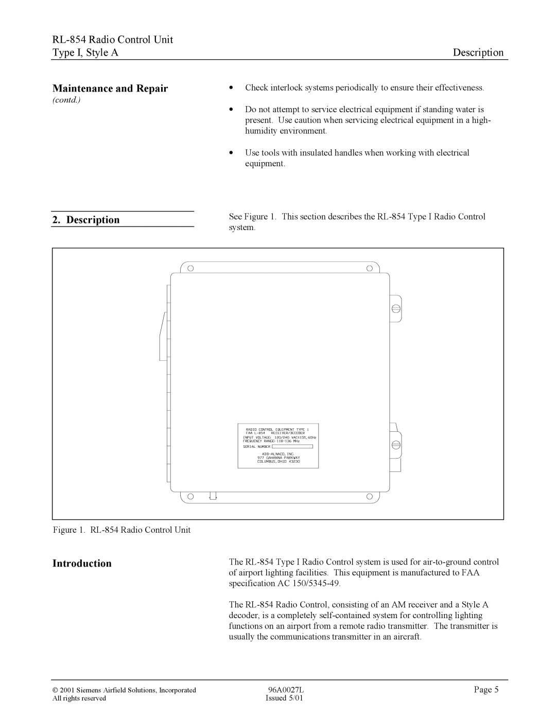 Siemens RL-854 manual Description, Introduction 