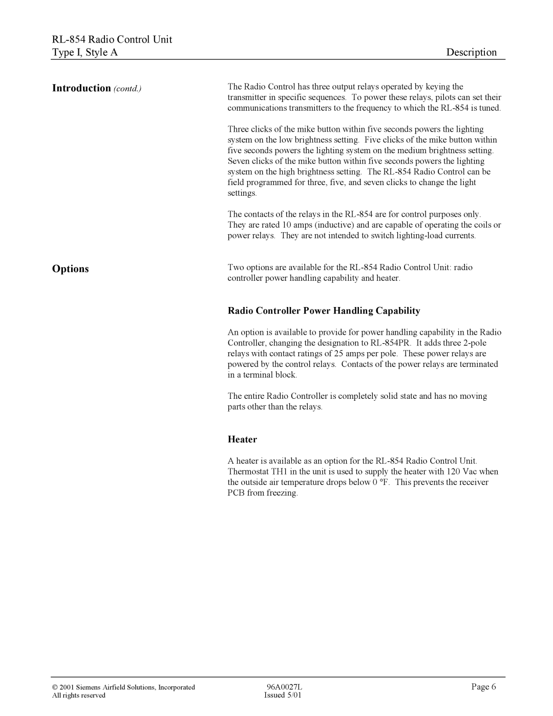 Siemens RL-854 manual Introduction contd Options, Radio Controller Power Handling Capability, Heater 