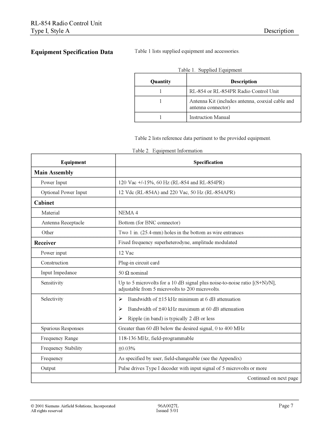 Siemens RL-854 manual Equipment Specification Data, Main Assembly, Cabinet, Receiver 