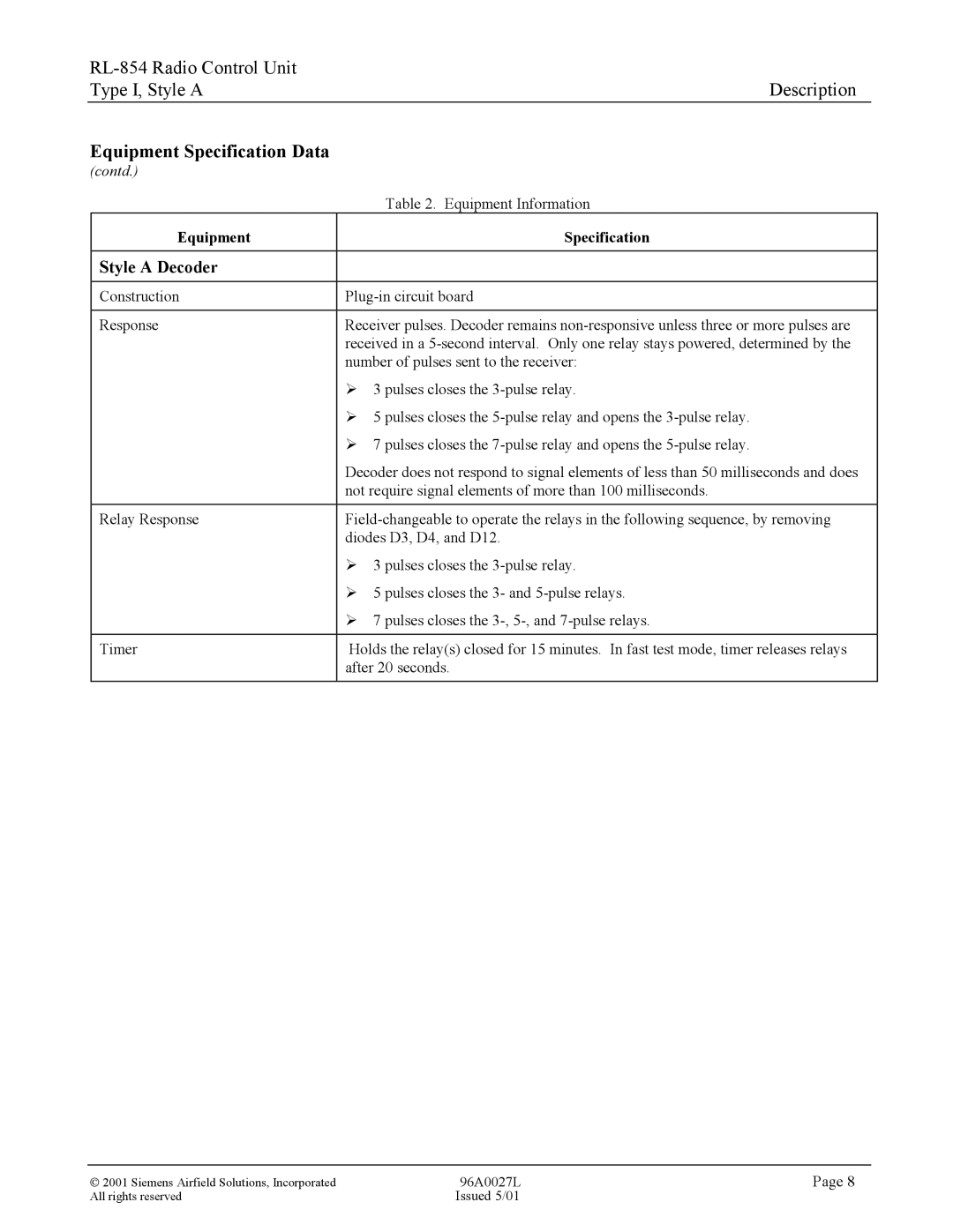 Siemens RL-854 manual Equipment Specification Data 